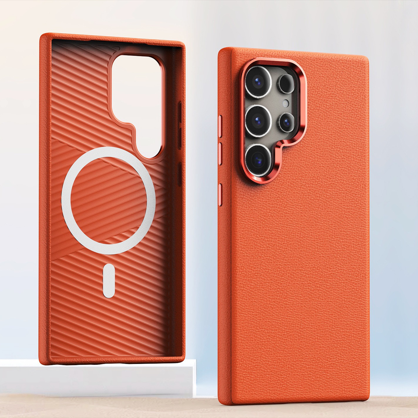 Compatible with Samsung S25 Ultra and S24 Plus, vegan leather case with built-in magnetic wireless charging and shockproof protection.