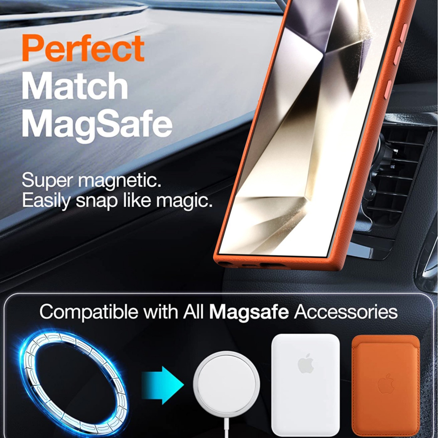 Compatible with Samsung S25 Ultra and S24 Plus, vegan leather case with built-in magnetic wireless charging and shockproof protection.