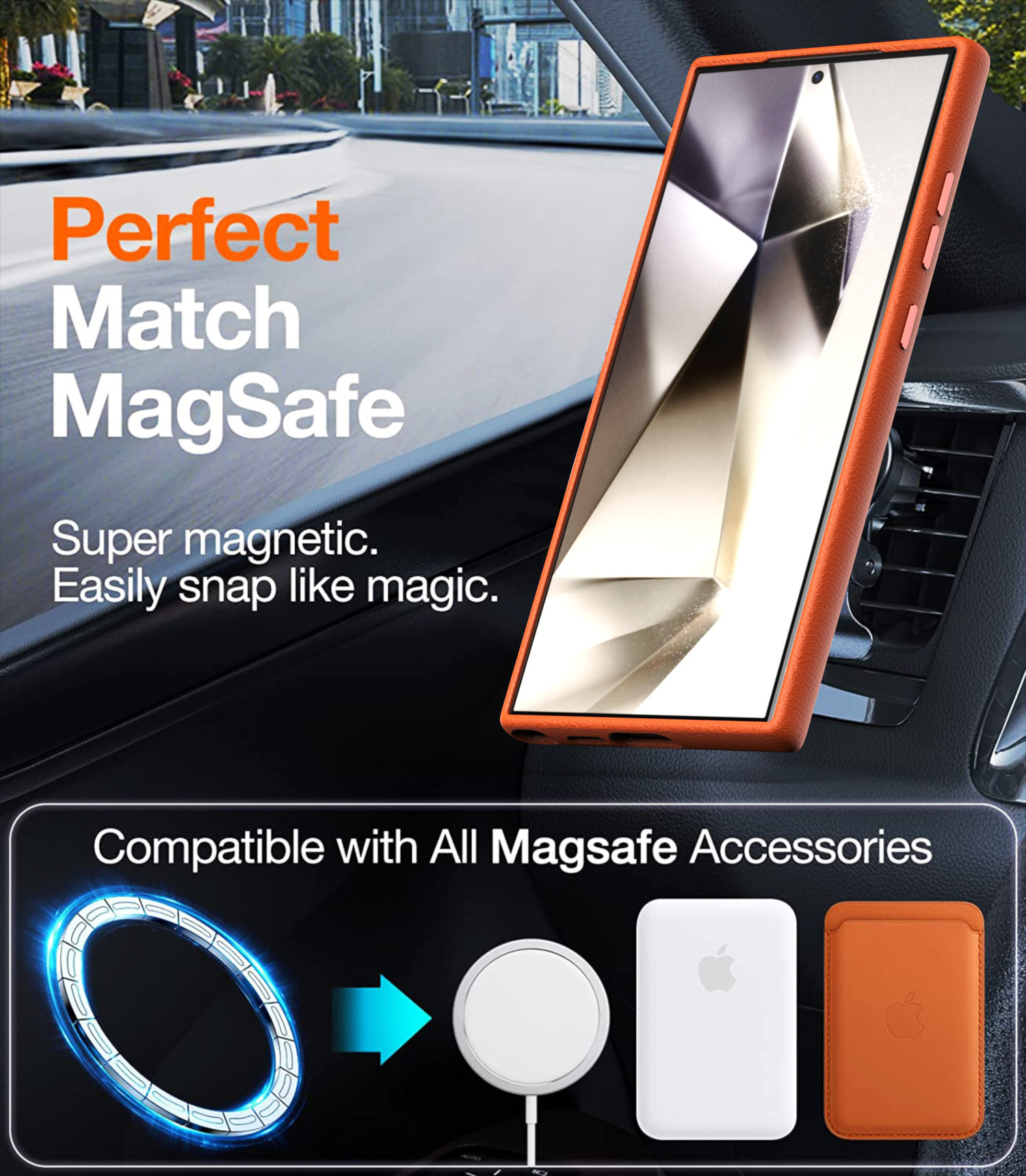 Compatible with Samsung S25 Ultra and S24 Plus, vegan leather case with built-in magnetic wireless charging and shockproof protection.
