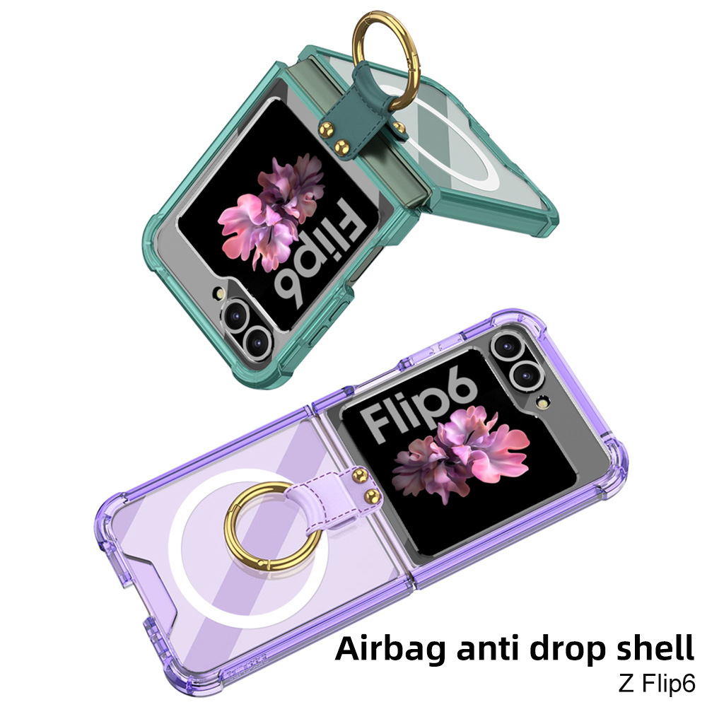 Compatible with Samsung Z Flip 6/5 phone case, 4/3 airbag ring, external magnetic ring, transparent drop-proof protective case.