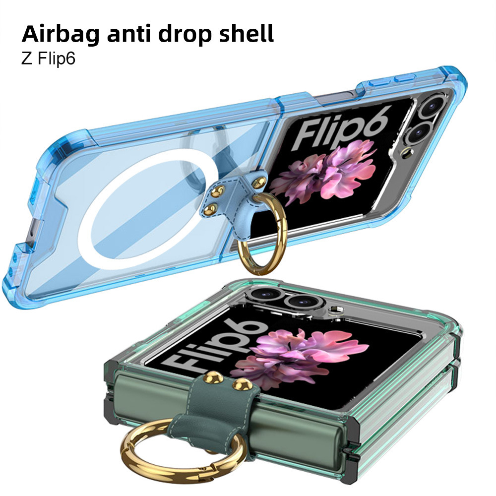 Compatible with Samsung Z Flip 6/5 phone case, 4/3 airbag ring, external magnetic ring, transparent drop-proof protective case.