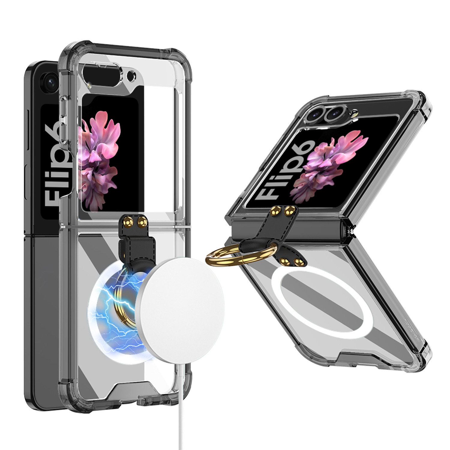 Compatible with Samsung Z Flip 6/5 phone case, 4/3 airbag ring, external magnetic ring, transparent drop-proof protective case.