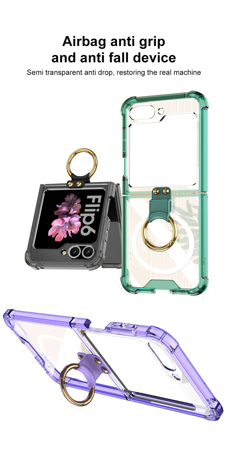 Compatible with Samsung Z Flip 6/5 phone case, 4/3 airbag ring, external magnetic ring, transparent drop-proof protective case.