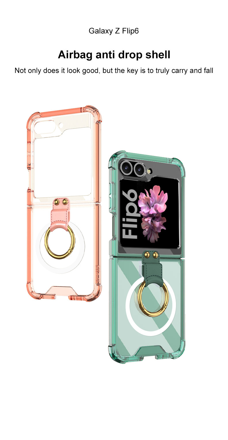 Compatible with Samsung Z Flip 6/5 phone case, 4/3 airbag ring, external magnetic ring, transparent drop-proof protective case.