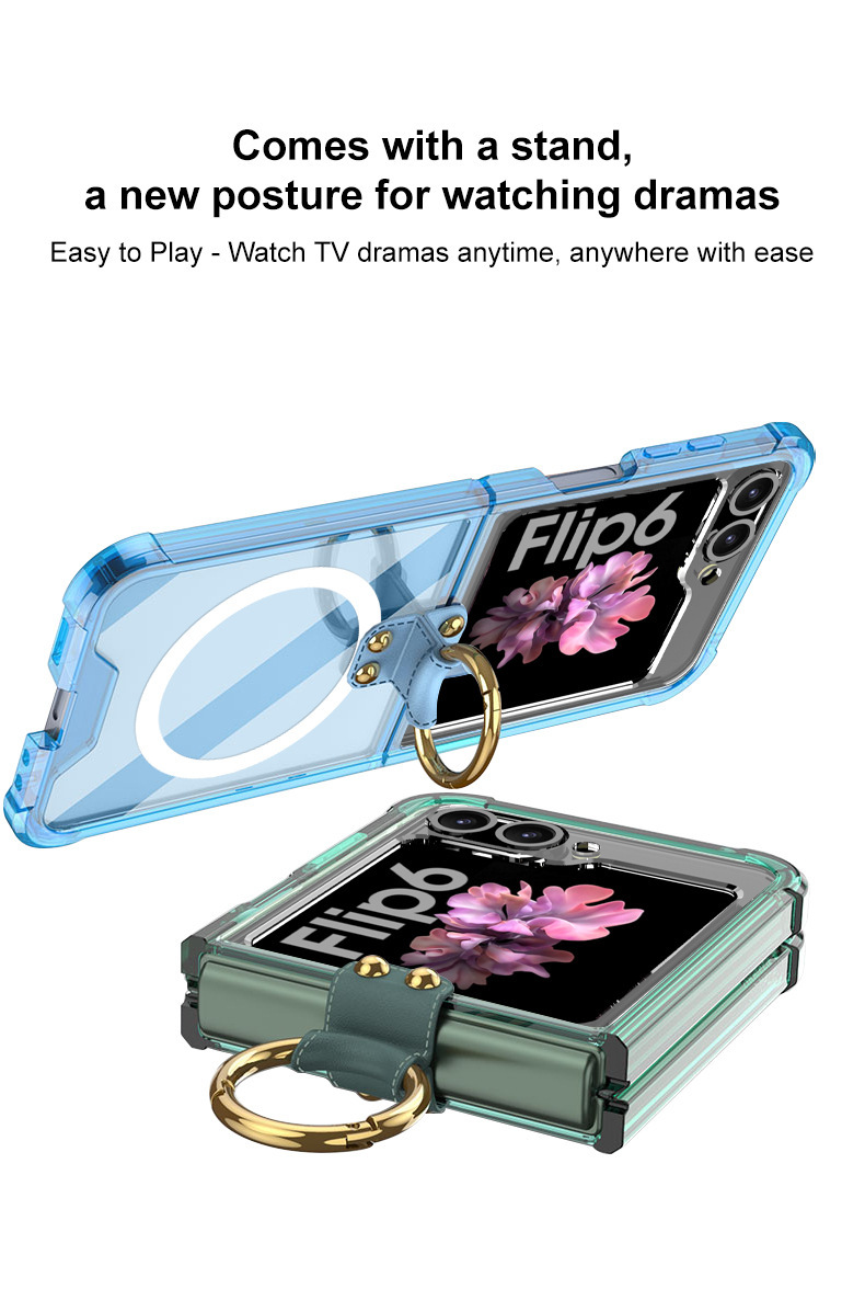 Compatible with Samsung Z Flip 6/5 phone case, 4/3 airbag ring, external magnetic ring, transparent drop-proof protective case.