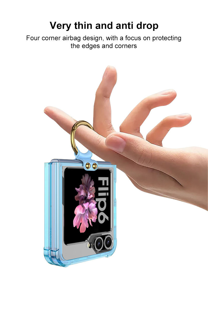 Compatible with Samsung Z Flip 6/5 phone case, 4/3 airbag ring, external magnetic ring, transparent drop-proof protective case.