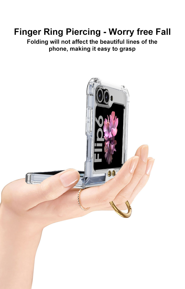 Compatible with Samsung Z Flip 6/5 phone case, 4/3 airbag ring, external magnetic ring, transparent drop-proof protective case.