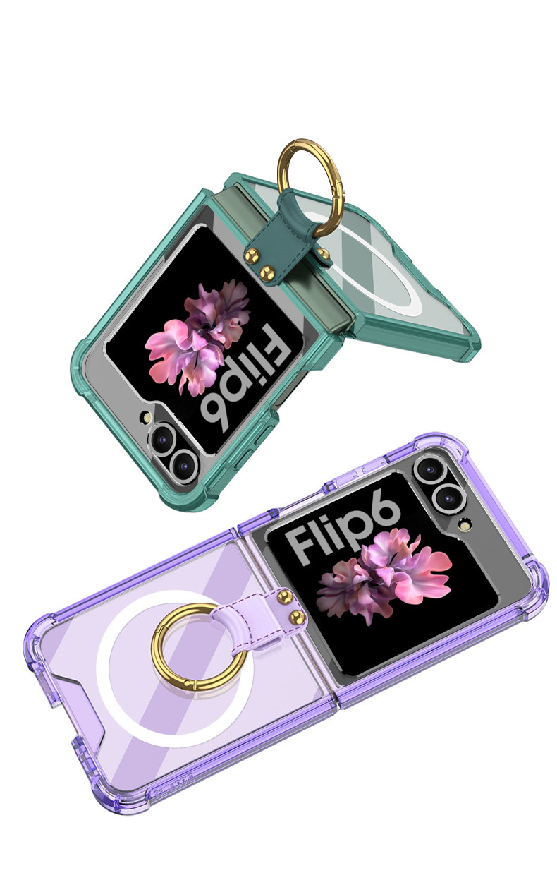 Compatible with Samsung Z Flip 6/5 phone case, 4/3 airbag ring, external magnetic ring, transparent drop-proof protective case.