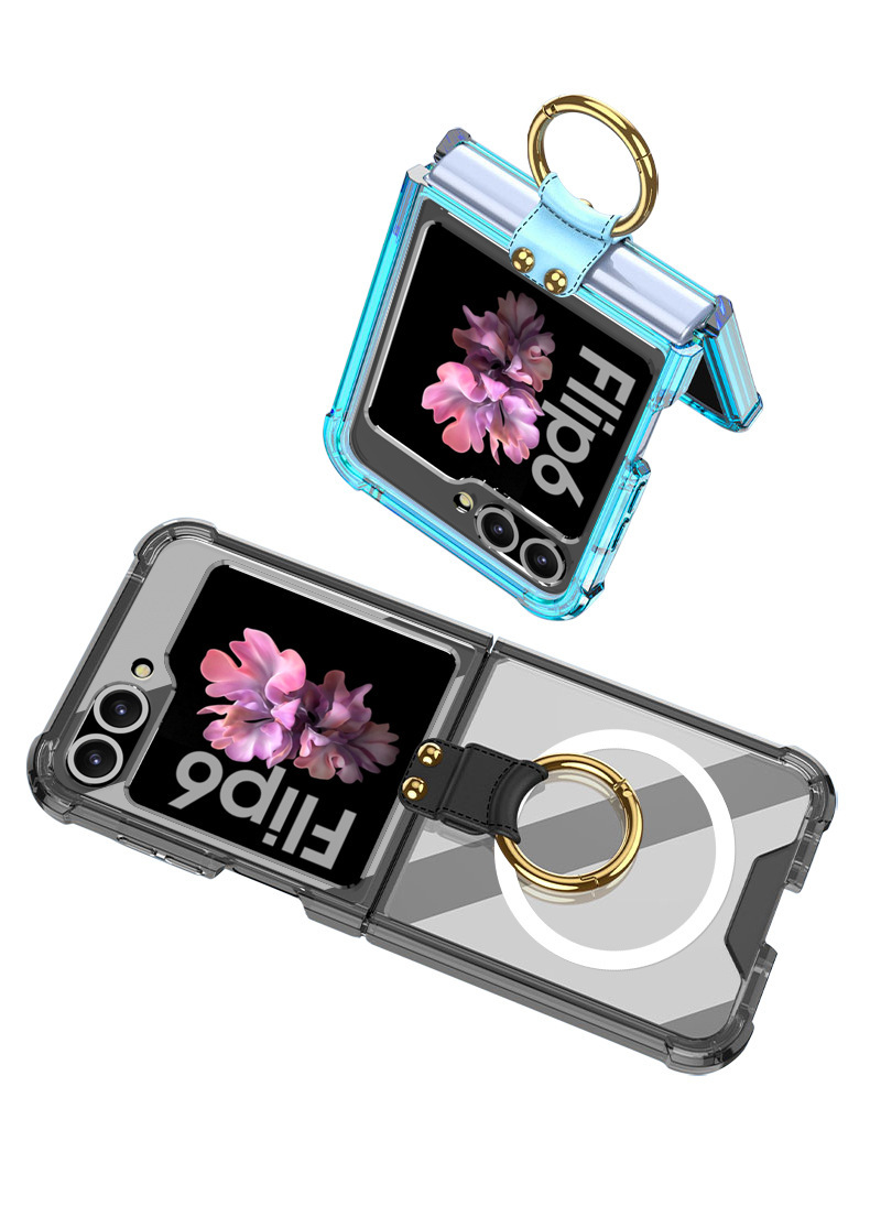 Compatible with Samsung Z Flip 6/5 phone case, 4/3 airbag ring, external magnetic ring, transparent drop-proof protective case.