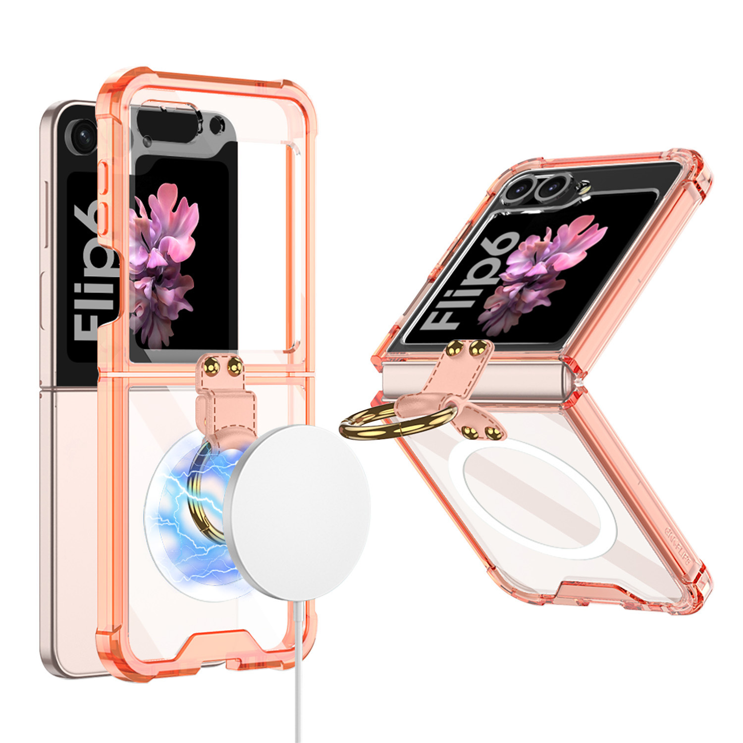 Compatible with Samsung Z Flip 6/5 phone case, 4/3 airbag ring, external magnetic ring, transparent drop-proof protective case.