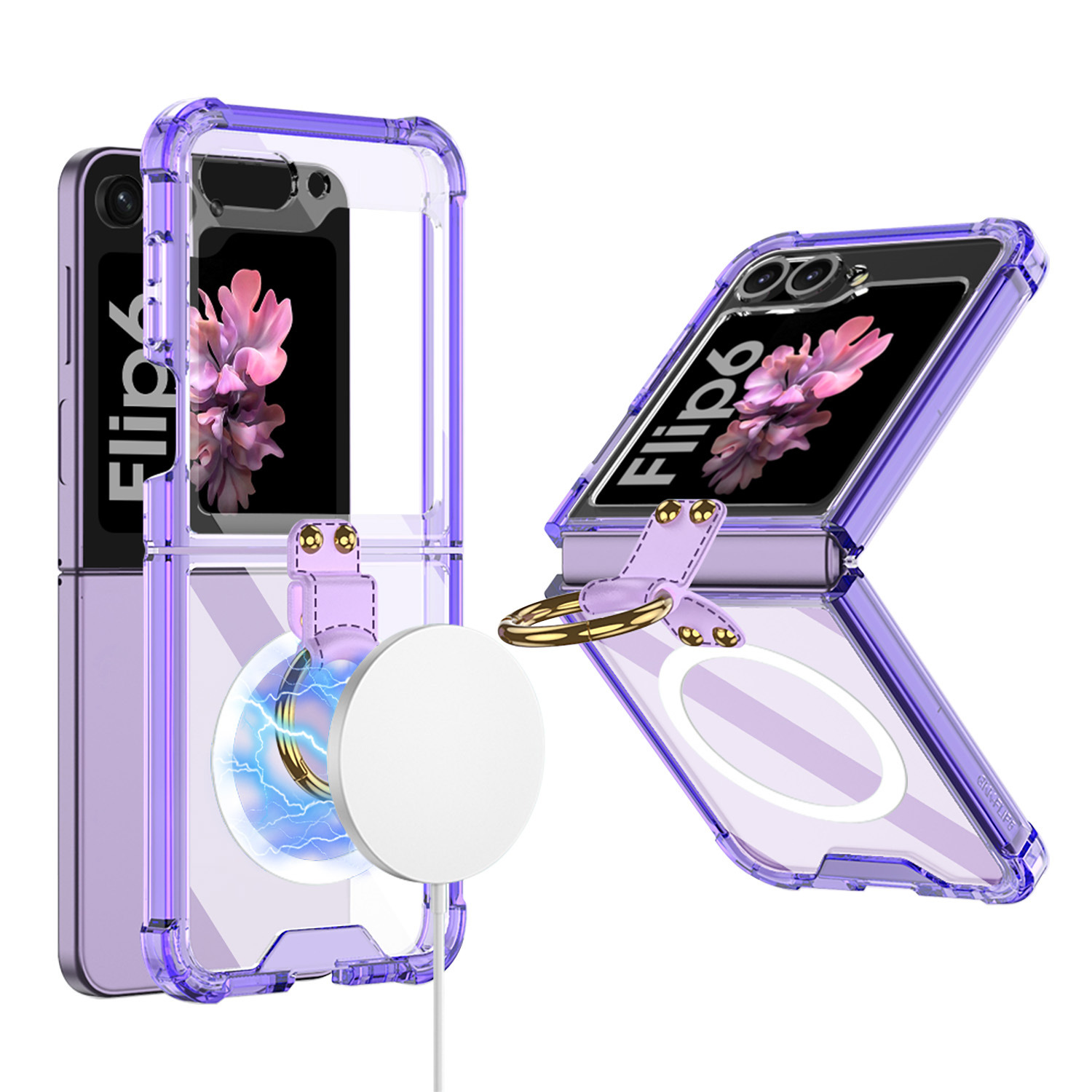 Compatible with Samsung Z Flip 6/5 phone case, 4/3 airbag ring, external magnetic ring, transparent drop-proof protective case.