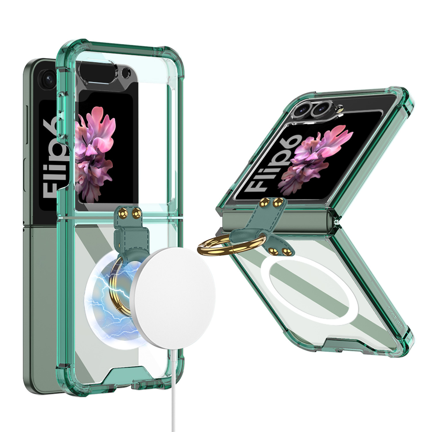 Compatible with Samsung Z Flip 6/5 phone case, 4/3 airbag ring, external magnetic ring, transparent drop-proof protective case.