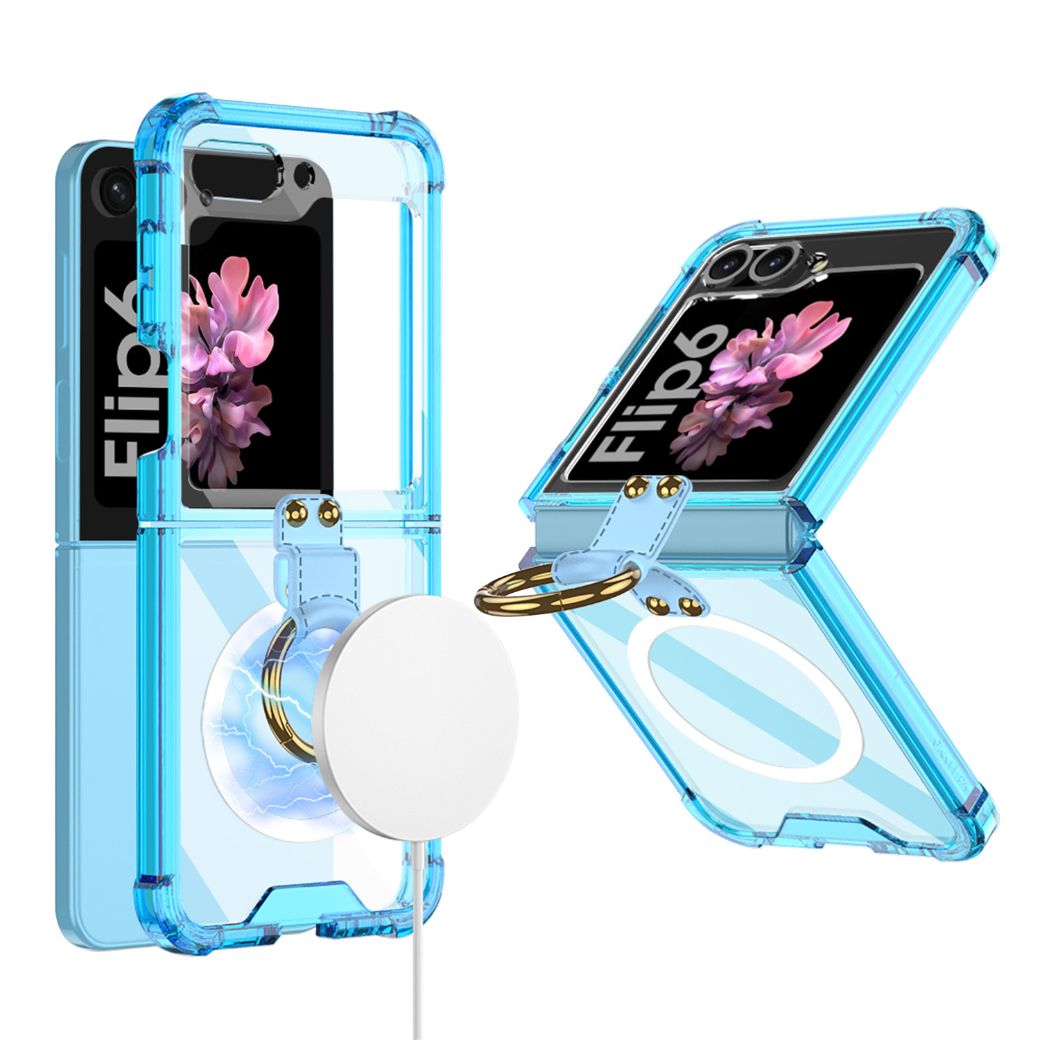Compatible with Samsung Z Flip 6/5 phone case, 4/3 airbag ring, external magnetic ring, transparent drop-proof protective case.