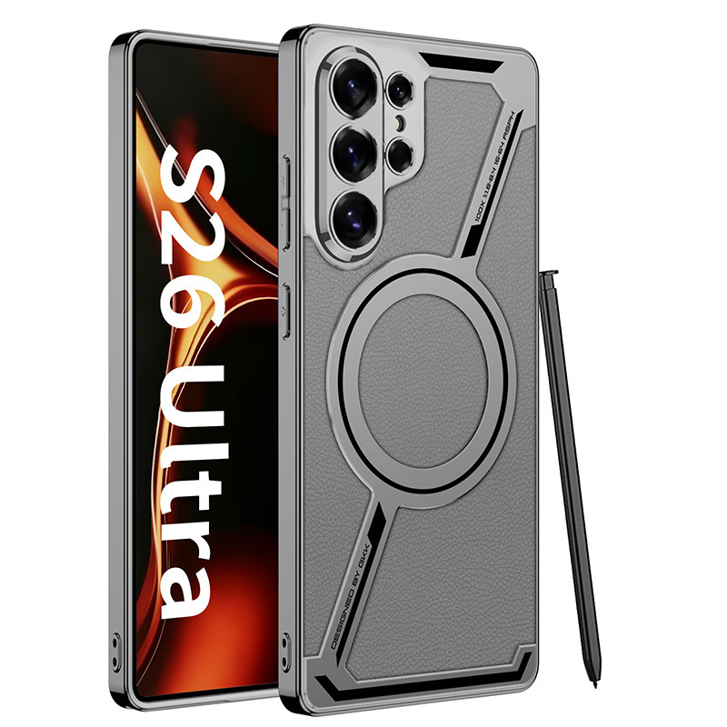 Compatible with Samsung S26/25 Ultra phone case, 24 Ultra electroplated leather, built-in magnetic ring, full-coverage protective case.