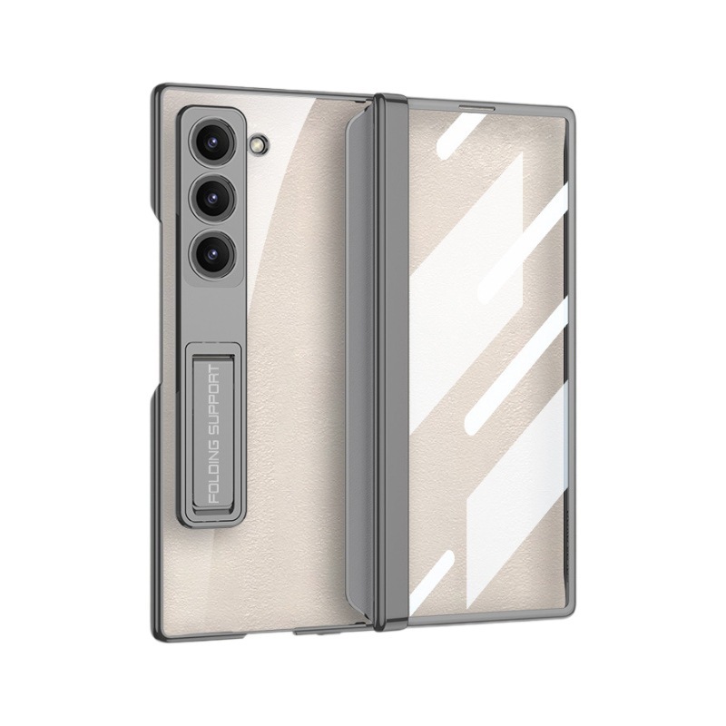 Transparent magnetic folding hinge electroplated stand case for Samsung Z Fold6 phone, full-coverage protective case.