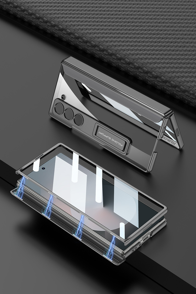 Transparent magnetic folding hinge electroplated stand case for Samsung Z Fold6 phone, full-coverage protective case.