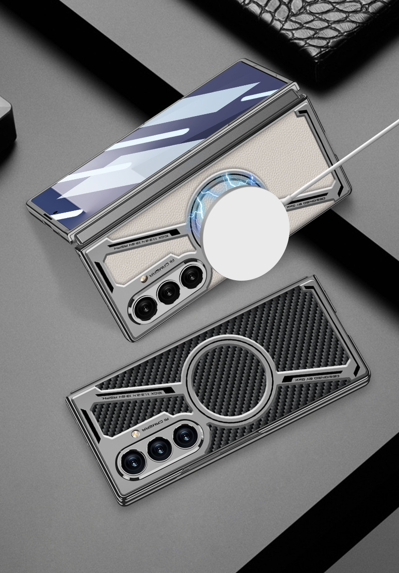 Compatible with Samsung Z Fold7/6 phone case, electroplated leather case, film, Magsafe wireless charging foldable screen protector