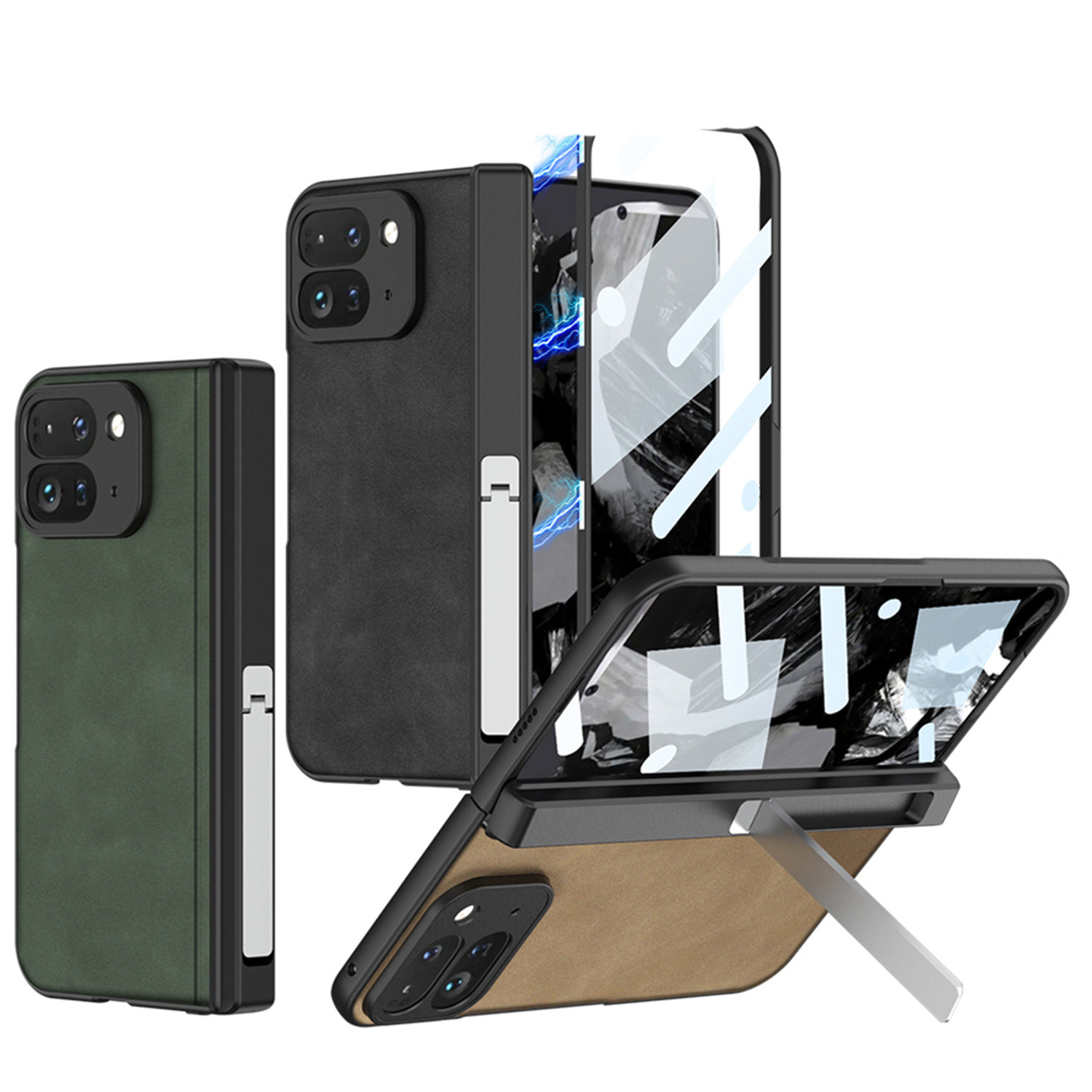 Compatible Google Pixel 9 Pro Fold phone case, vegan leather, magnetic hinge, stand, full-coverage protective case.