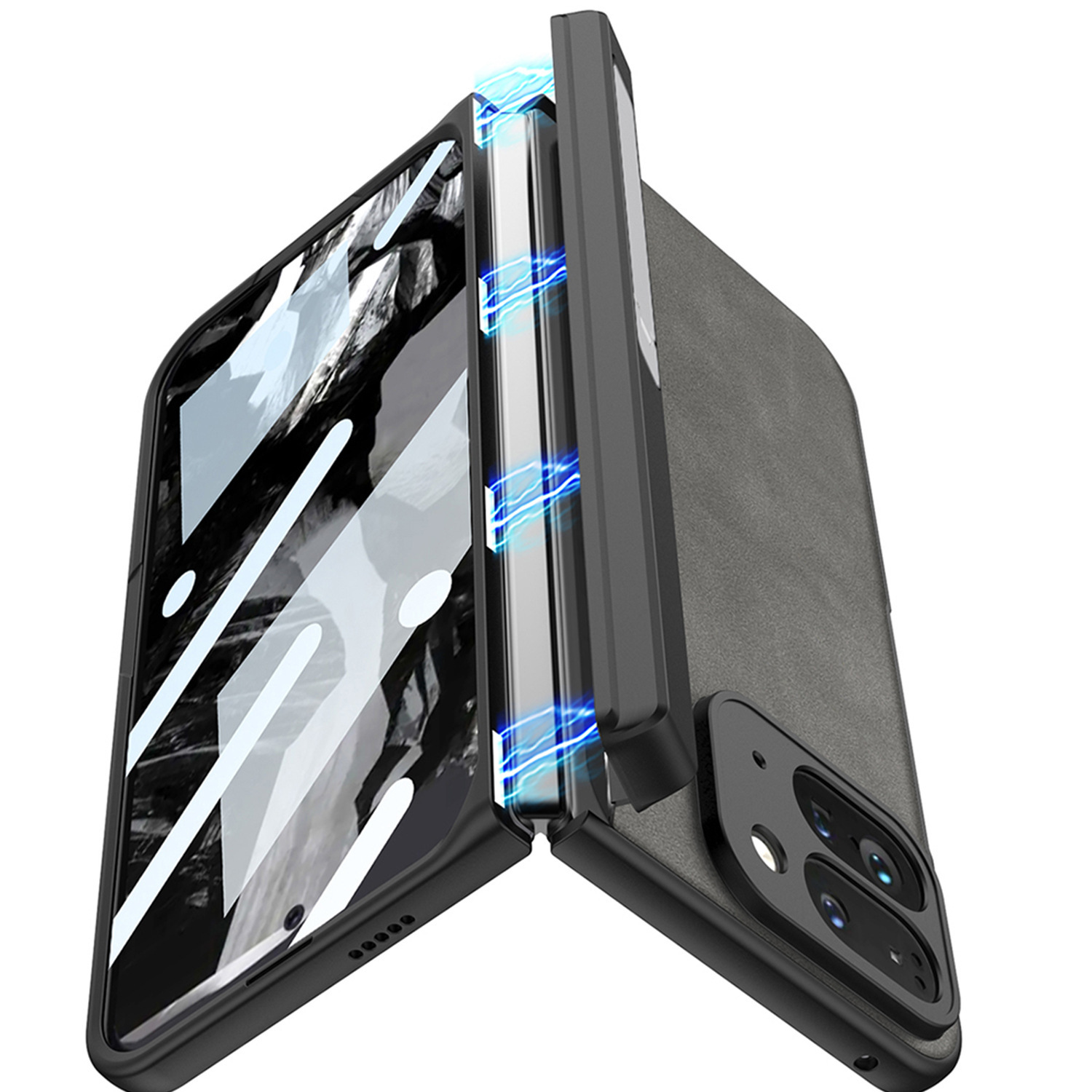 Compatible Google Pixel 9 Pro Fold phone case, vegan leather, magnetic hinge, stand, full-coverage protective case.