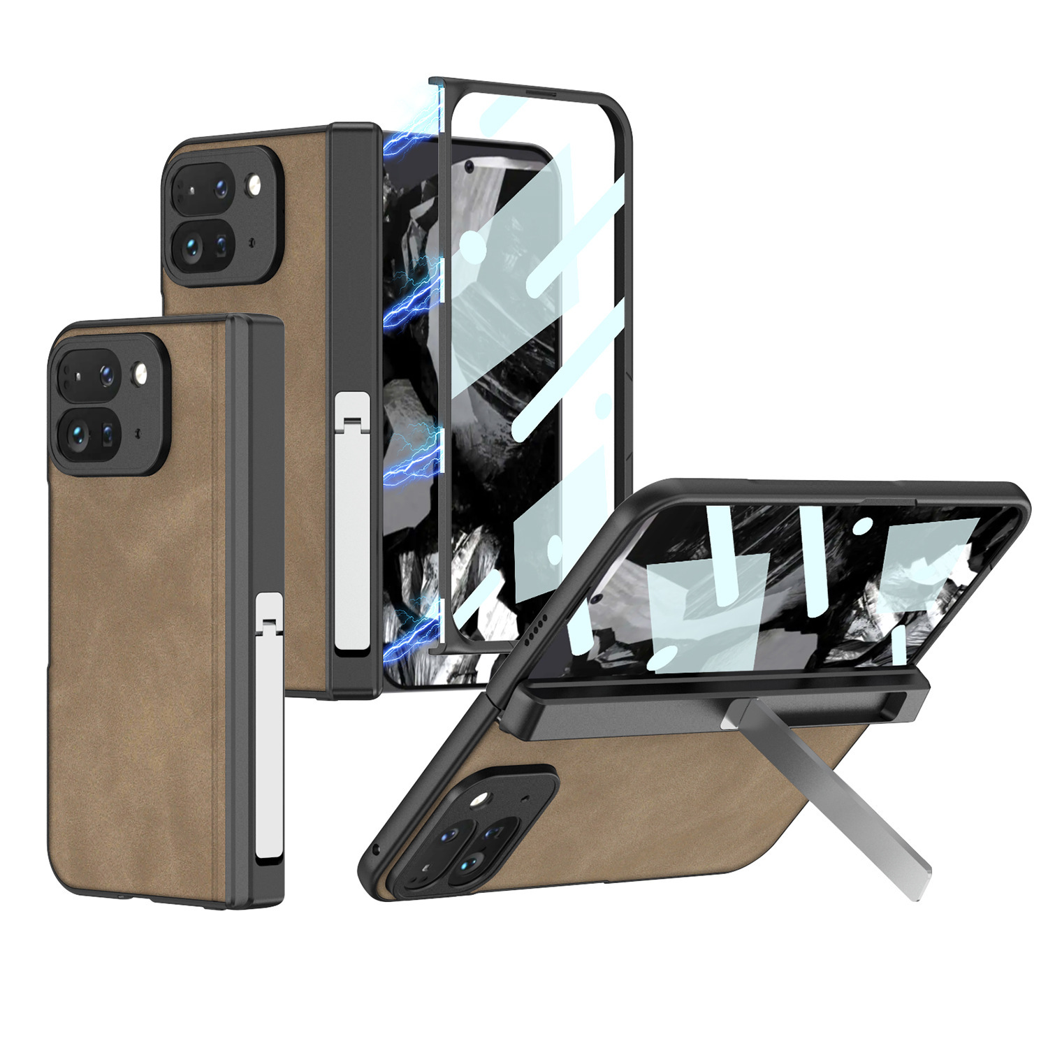 Compatible Google Pixel 9 Pro Fold phone case, vegan leather, magnetic hinge, stand, full-coverage protective case.