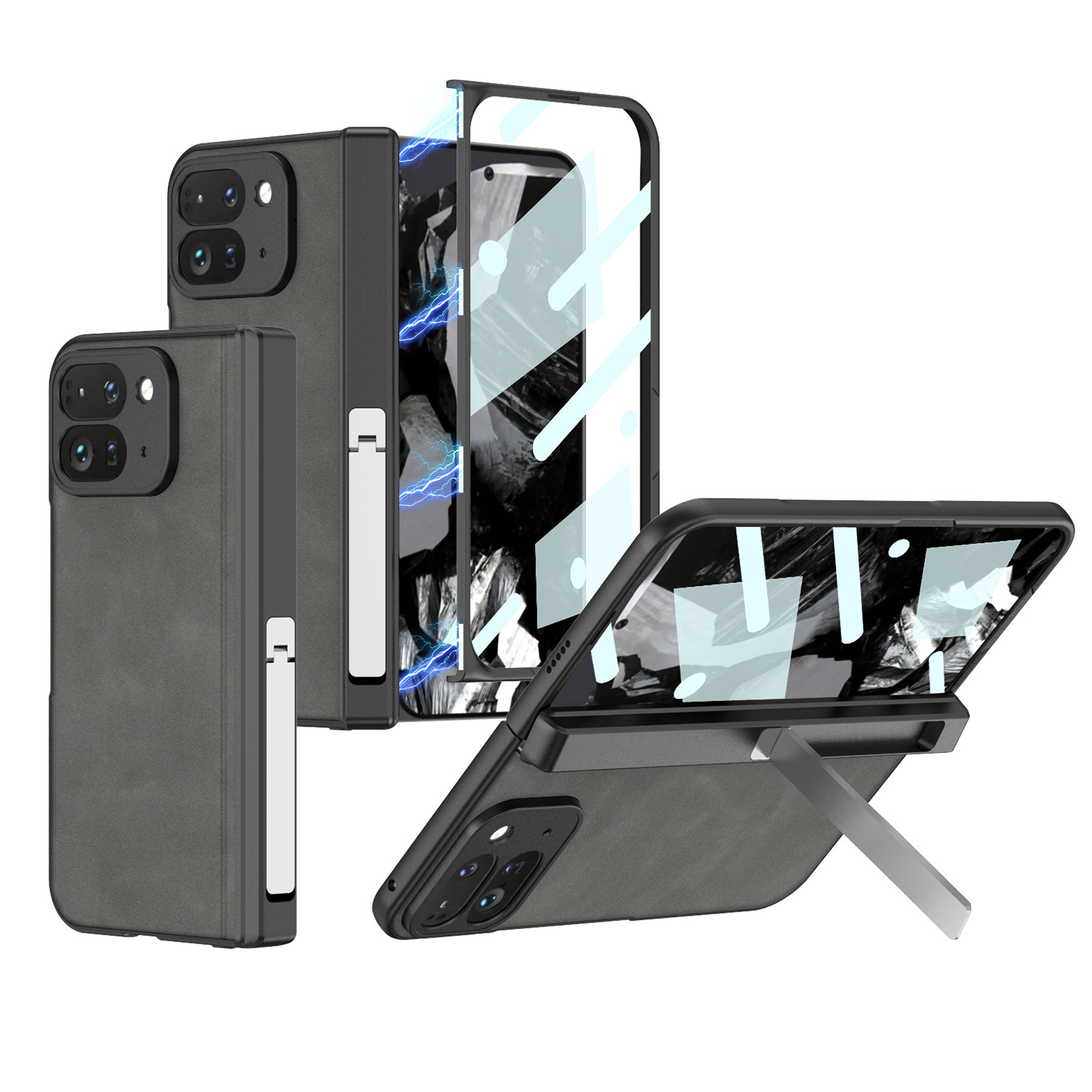 Compatible Google Pixel 9 Pro Fold phone case, vegan leather, magnetic hinge, stand, full-coverage protective case.