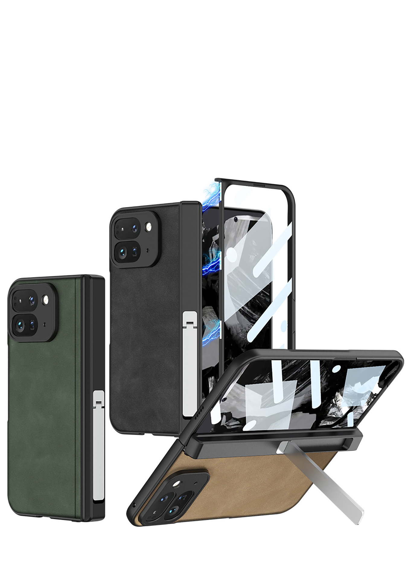 Compatible Google Pixel 9 Pro Fold phone case, vegan leather, magnetic hinge, stand, full-coverage protective case.