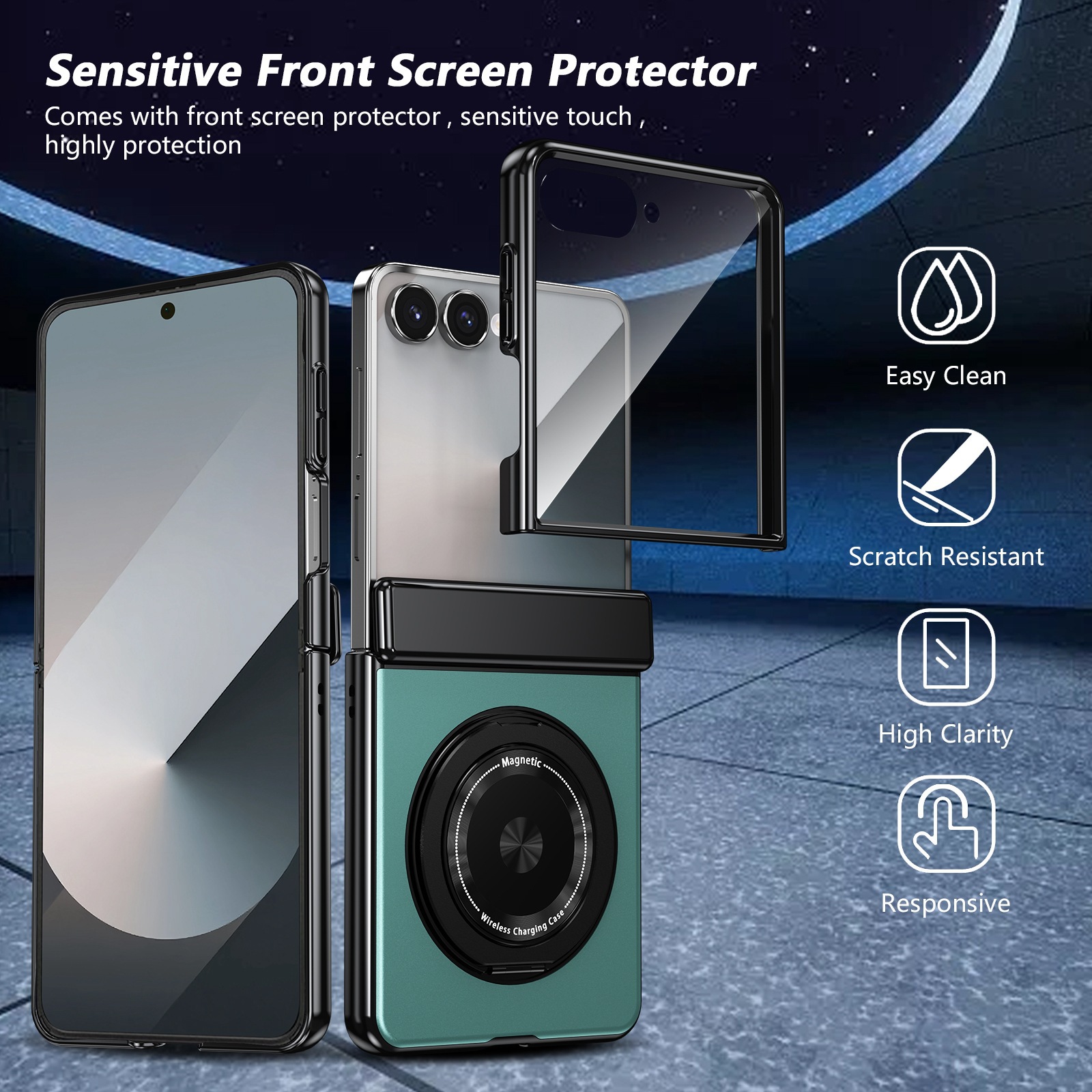 Compatible with Samsung Z Flip 8/7 phone case, 6/5 wireless charging, magnetic traction, rotating stand, 4/3 full-coverage protection.