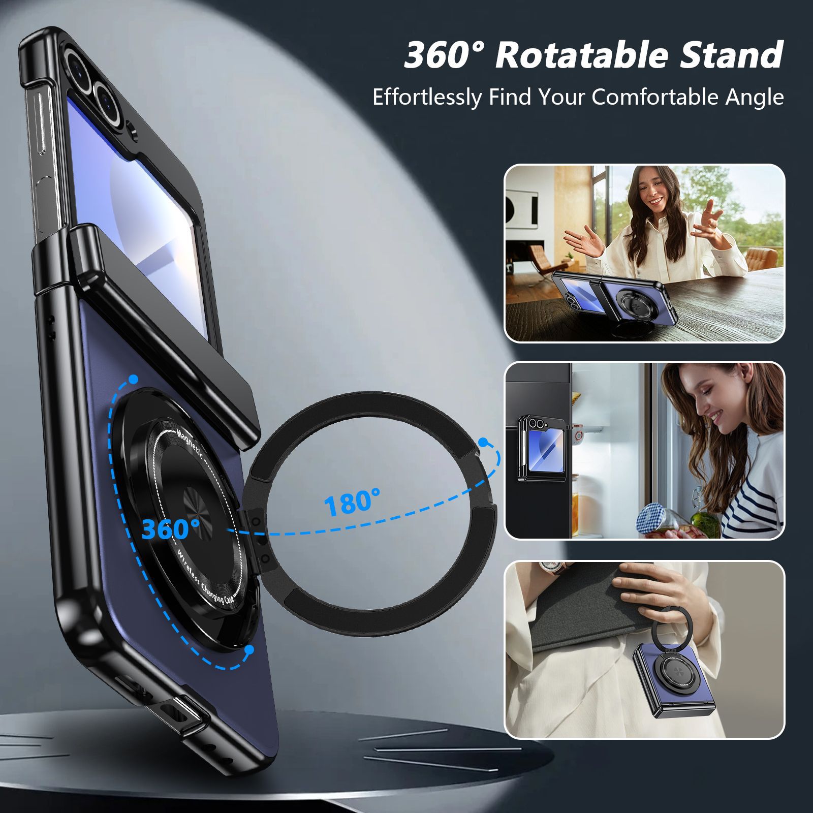 Compatible with Samsung Z Flip 8/7 phone case, 6/5 wireless charging, magnetic traction, rotating stand, 4/3 full-coverage protection.