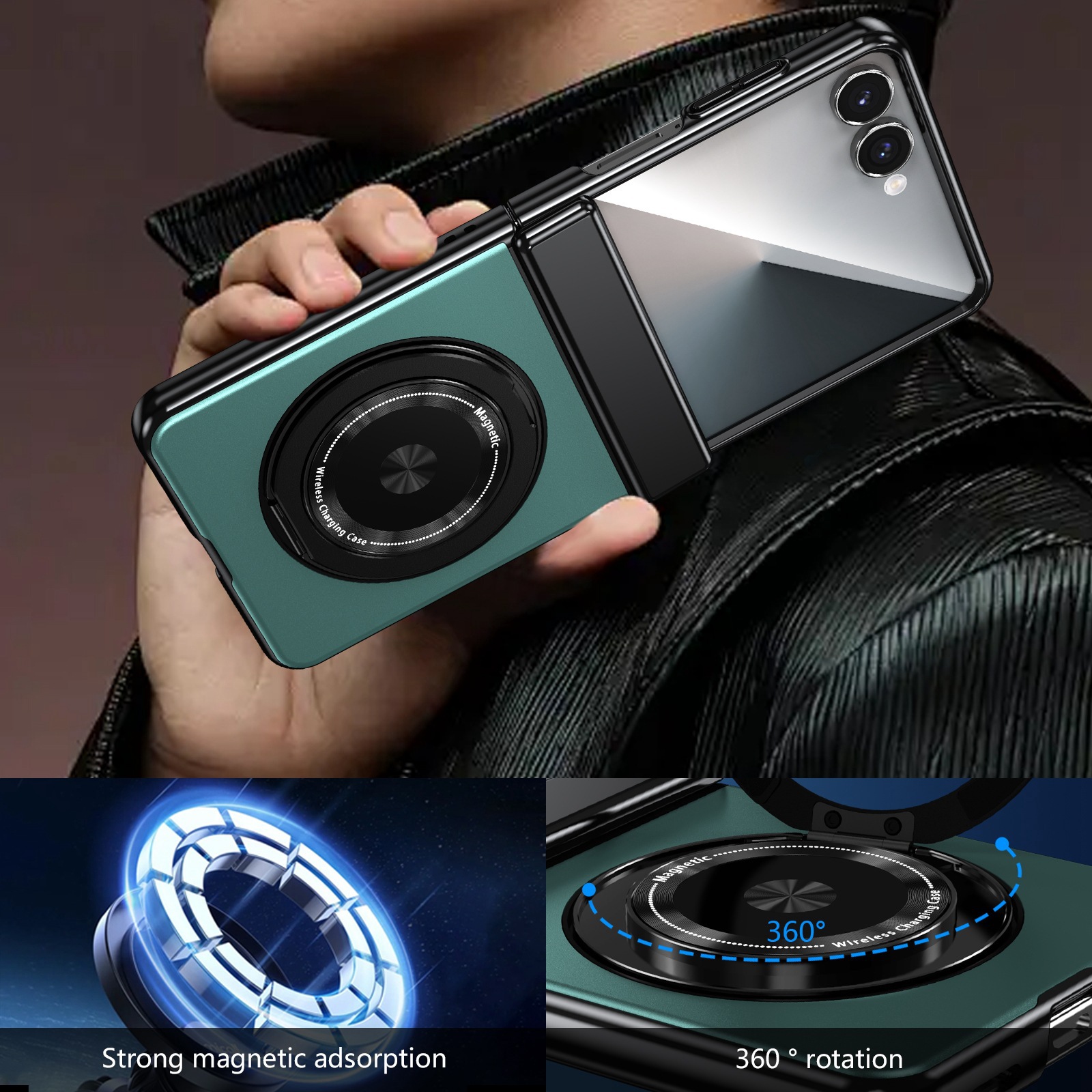 Compatible with Samsung Z Flip 8/7 phone case, 6/5 wireless charging, magnetic traction, rotating stand, 4/3 full-coverage protection.