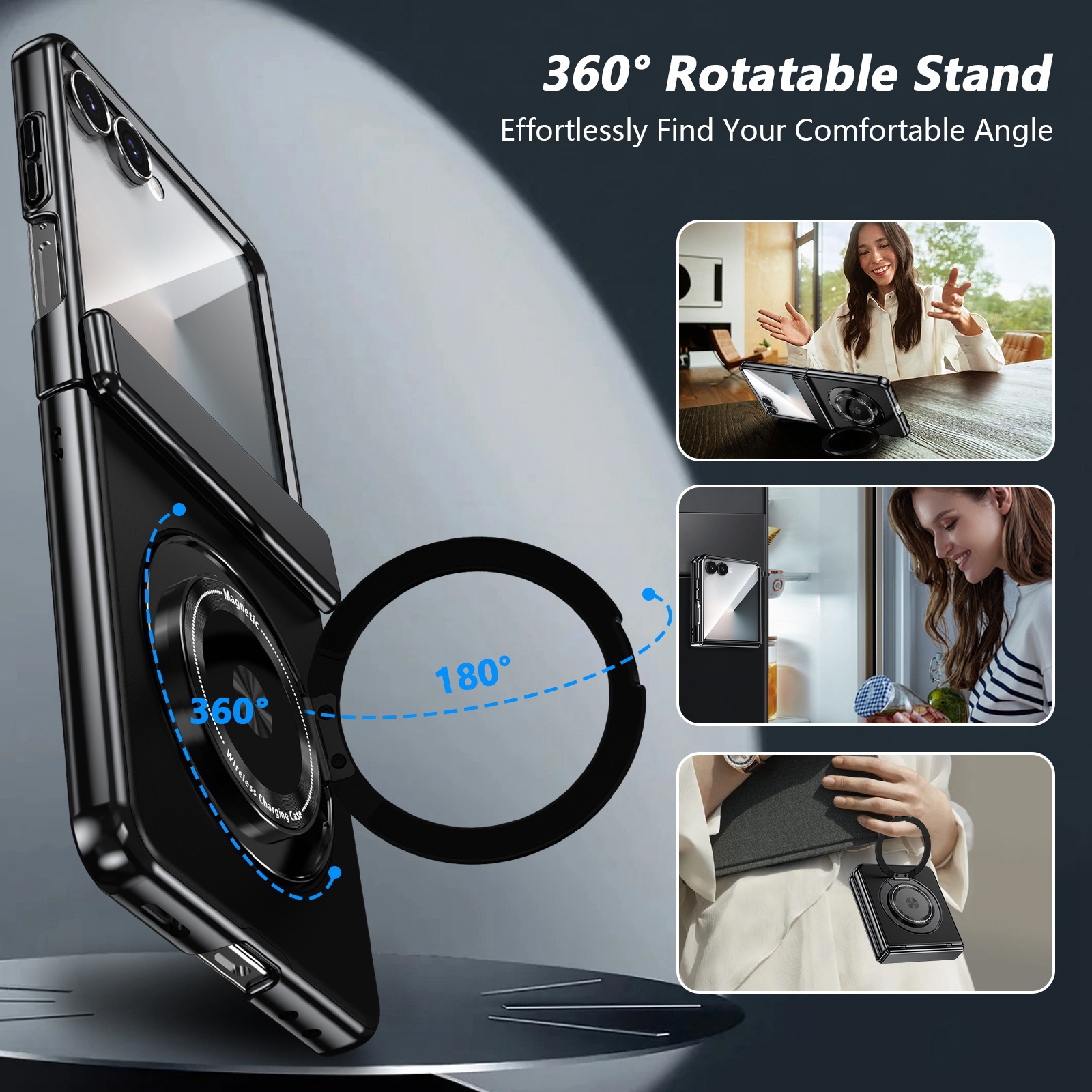 Compatible with Samsung Z Flip 8/7 phone case, 6/5 wireless charging, magnetic traction, rotating stand, 4/3 full-coverage protection.