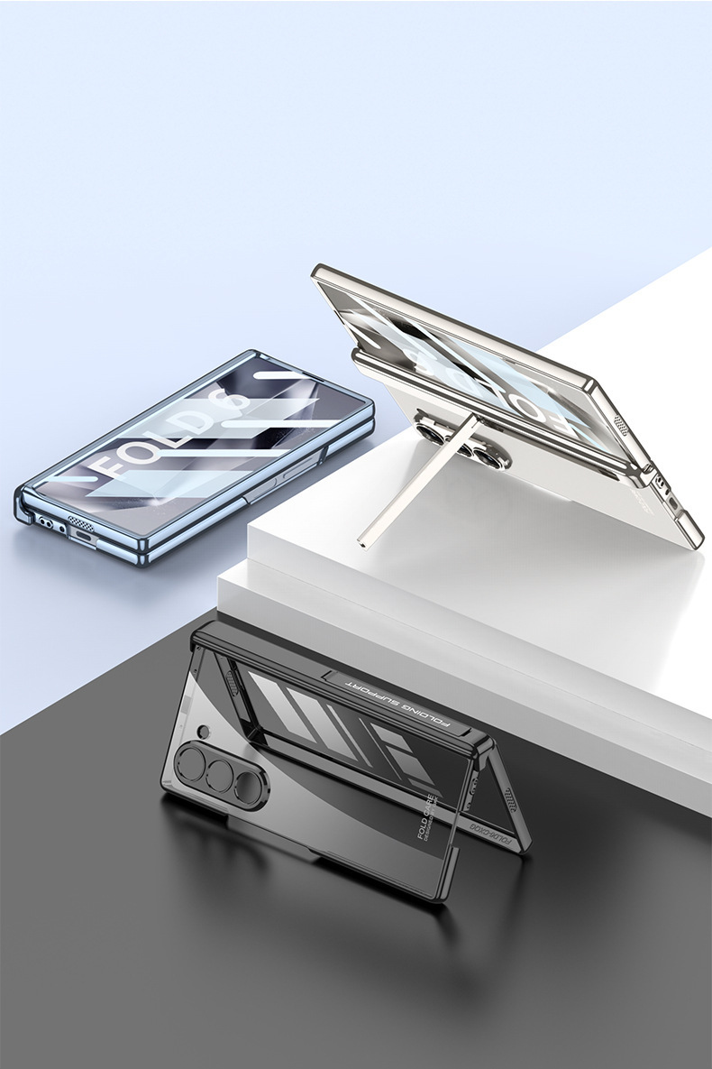 Samsung Z Fold6 phone case, transparent electroplated magnetic hinge stand, folding full-coverage protective case.