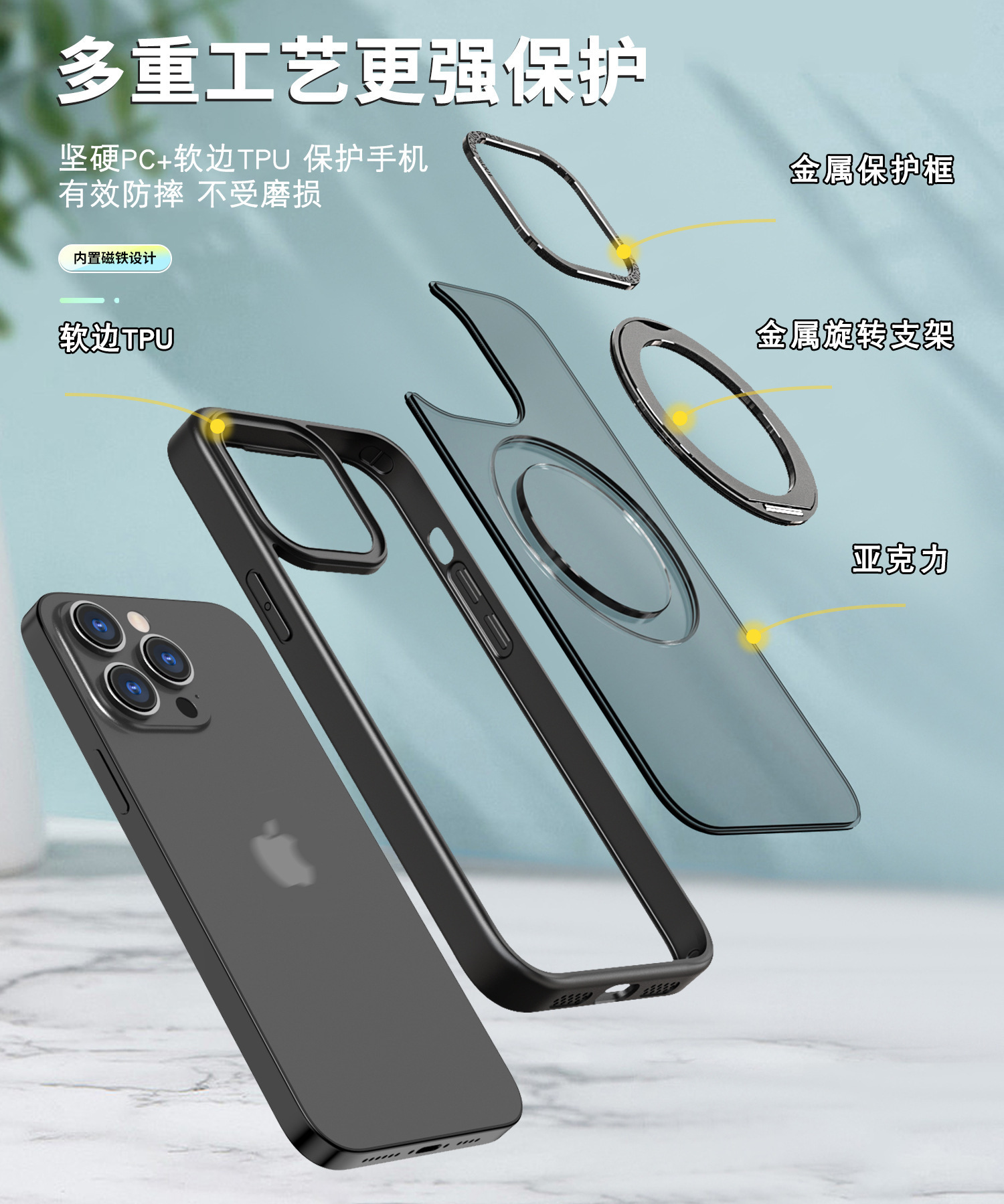 Compatible with Apple 17 Pro Max phone case 16/15 Plus magnetic 360° rotating stand 14 Pro protective case 13