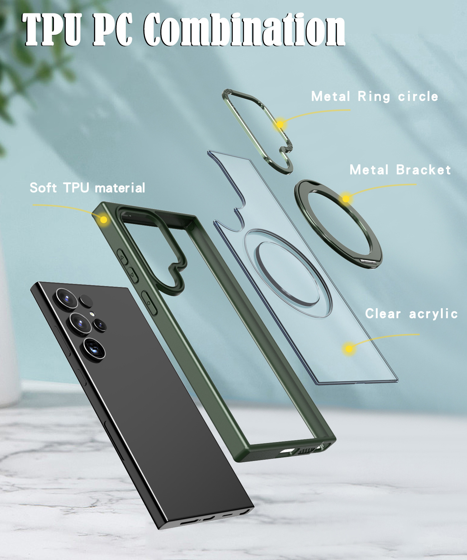 Compatible with Samsung S24 Ultra phone case, S23FE magnetic 360° rotating stand, and S22 Plus drop-proof protective case.