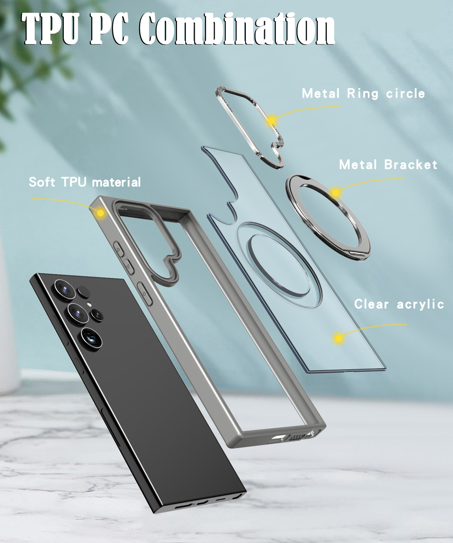 Compatible with Samsung S24 Ultra phone case, S23FE magnetic 360° rotating stand, and S22 Plus drop-proof protective case.