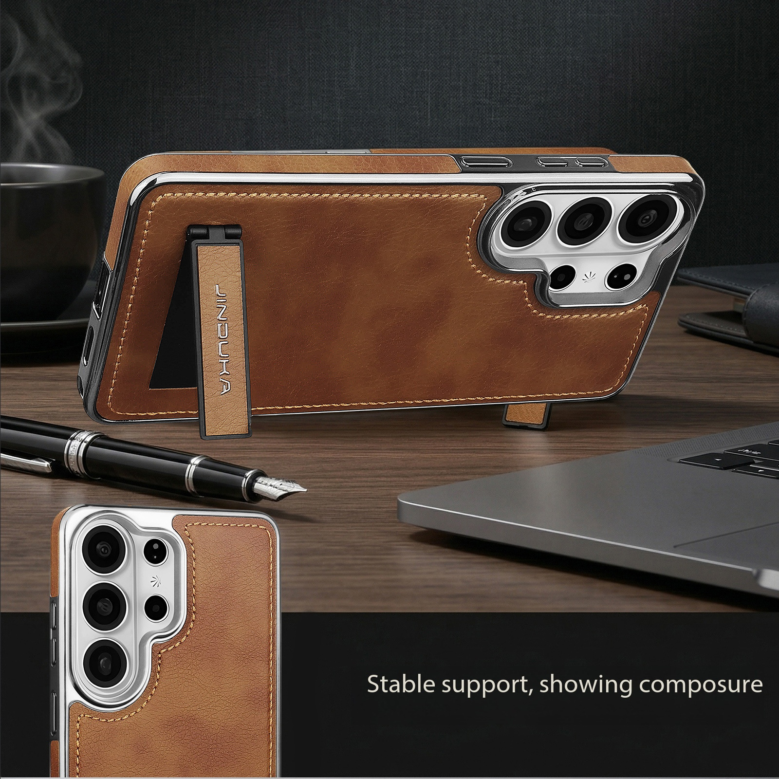 Compatible with Samsung S26 Ultra phone case, S25 Plus vegan leather stand, business leather texture, S24U ultra-thin protective case