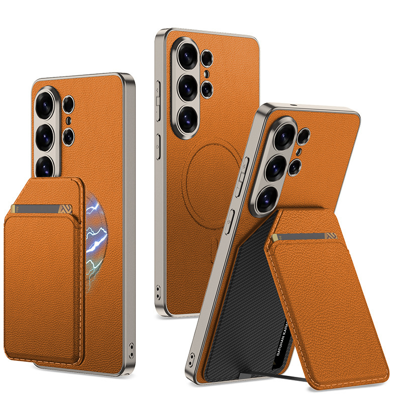 Compatible with Samsung S26 Ultra phone case + magnetic card holder stand for S25/24U SIM card slot, vegan leather business protective case