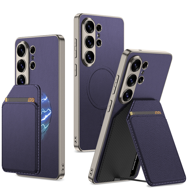 Compatible with Samsung S26 Ultra phone case + magnetic card holder stand for S25/24U SIM card slot, vegan leather business protective case