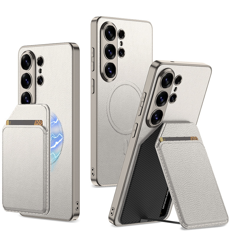Compatible with Samsung S26 Ultra phone case + magnetic card holder stand for S25/24U SIM card slot, vegan leather business protective case