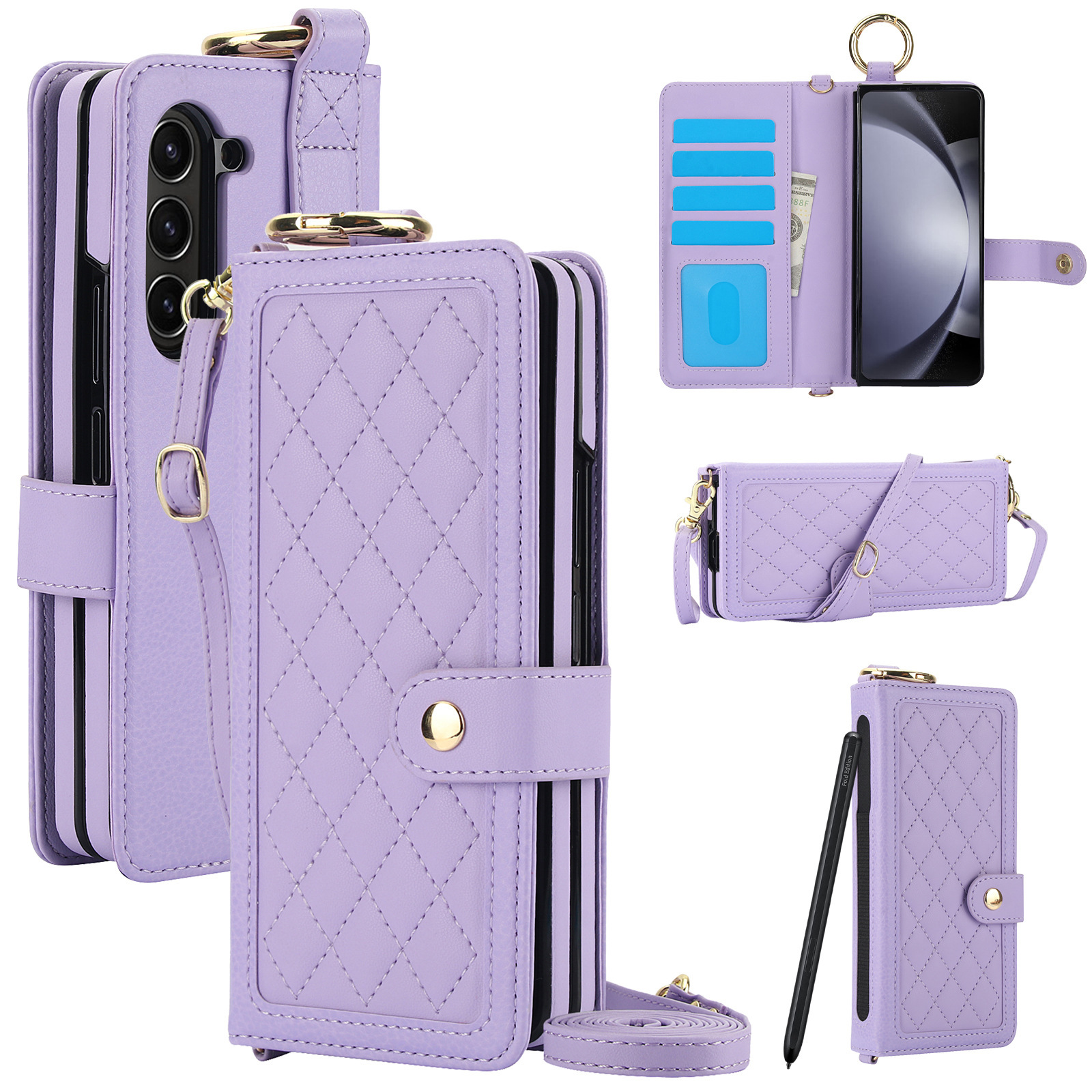 Compatible with Samsung Z Fold7/6/5 phone cases, 4/3 ring pen slots, multi-card slots, crossbody straps, wallet protective cases.