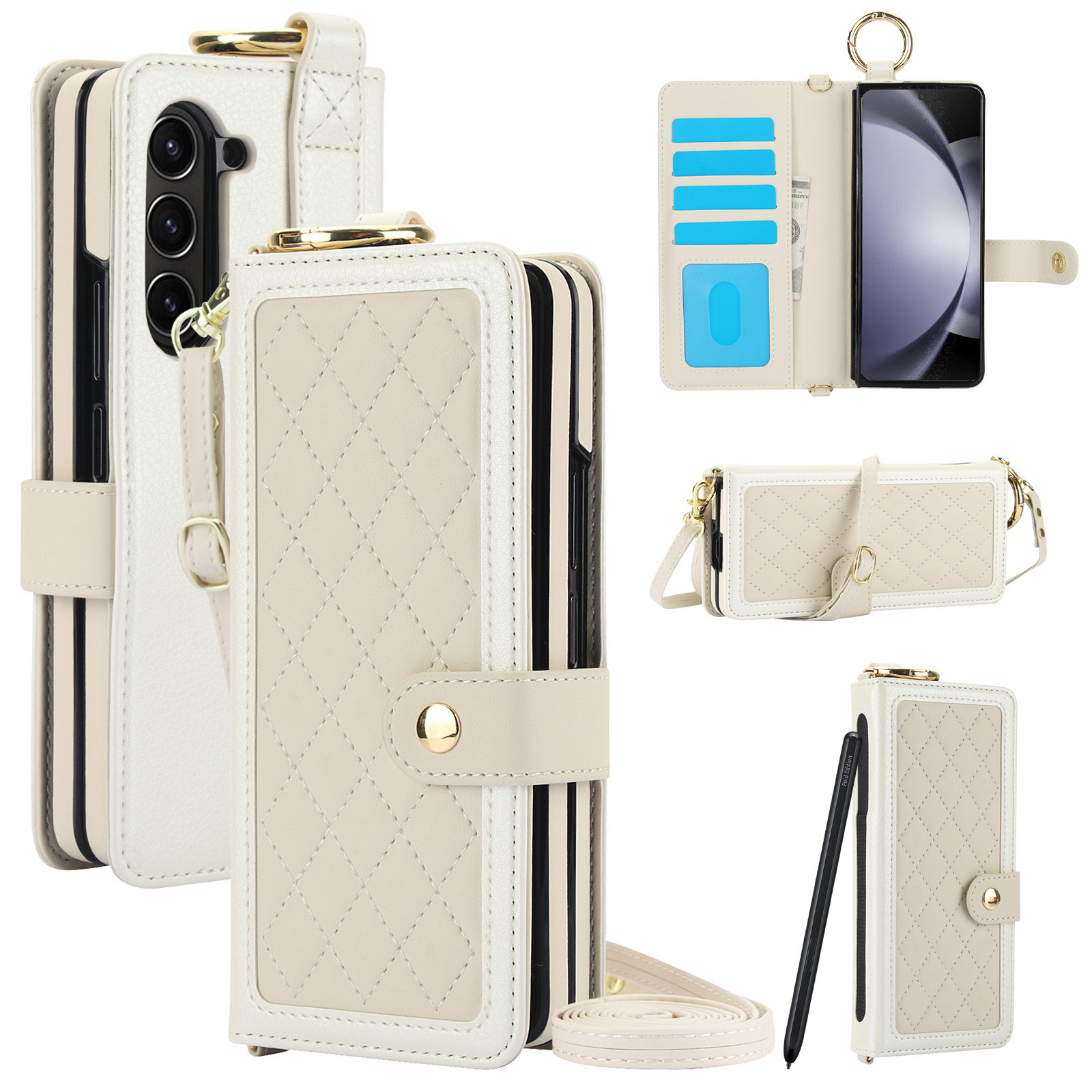 Compatible with Samsung Z Fold7/6/5 phone cases, 4/3 ring pen slots, multi-card slots, crossbody straps, wallet protective cases.