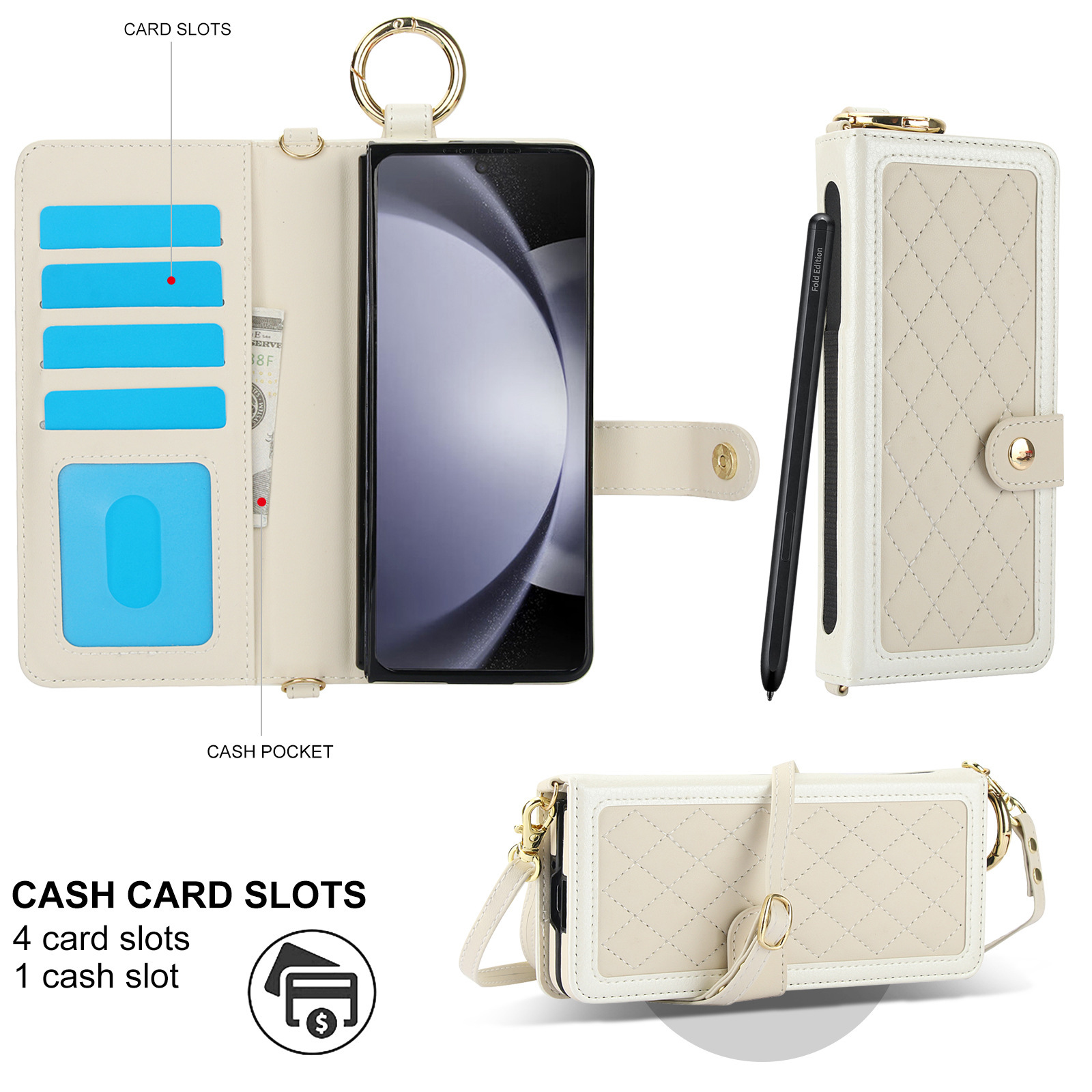 Compatible with Samsung Z Fold7/6/5 phone cases, 4/3 ring pen slots, multi-card slots, crossbody straps, wallet protective cases.