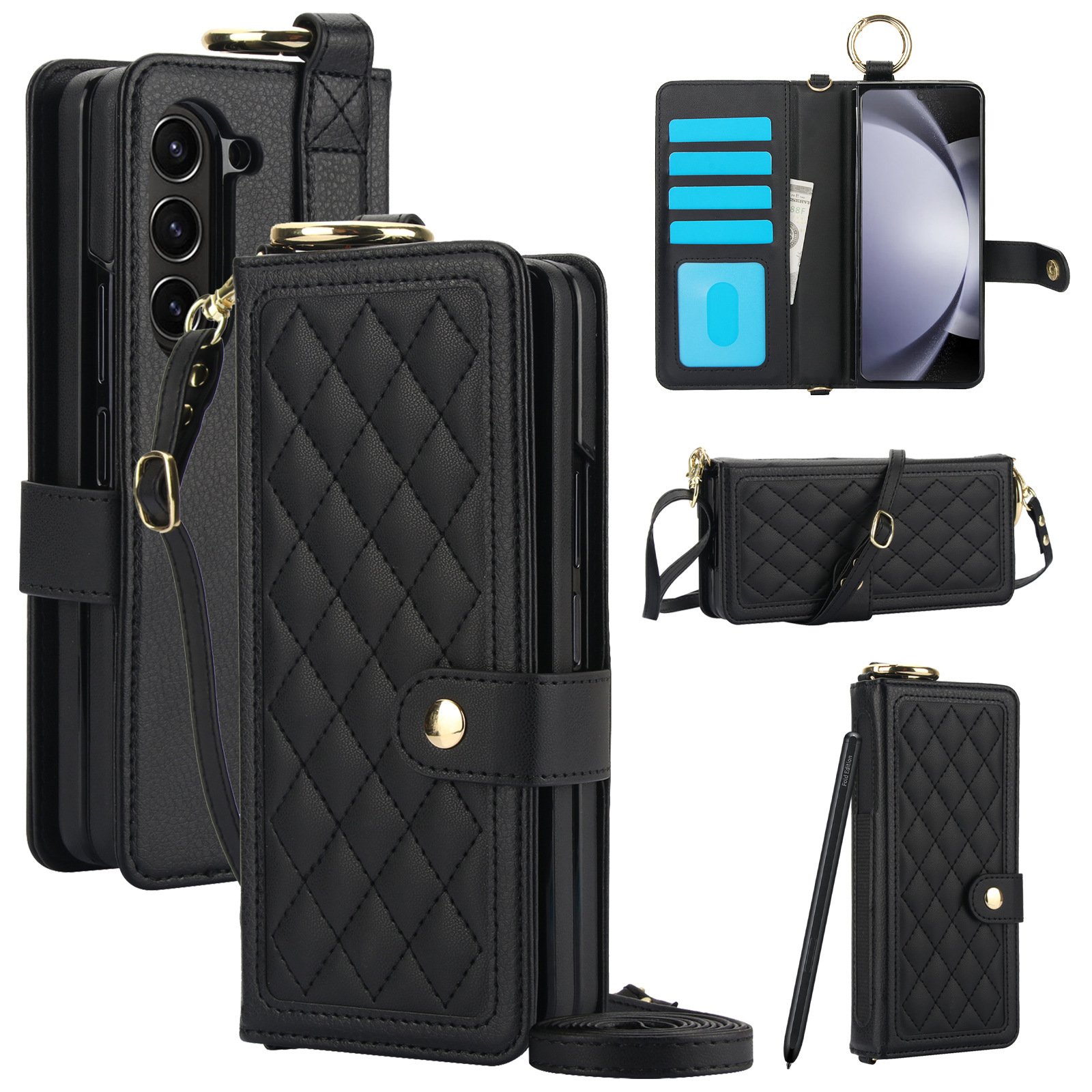 Compatible with Samsung Z Fold7/6/5 phone cases, 4/3 ring pen slots, multi-card slots, crossbody straps, wallet protective cases.
