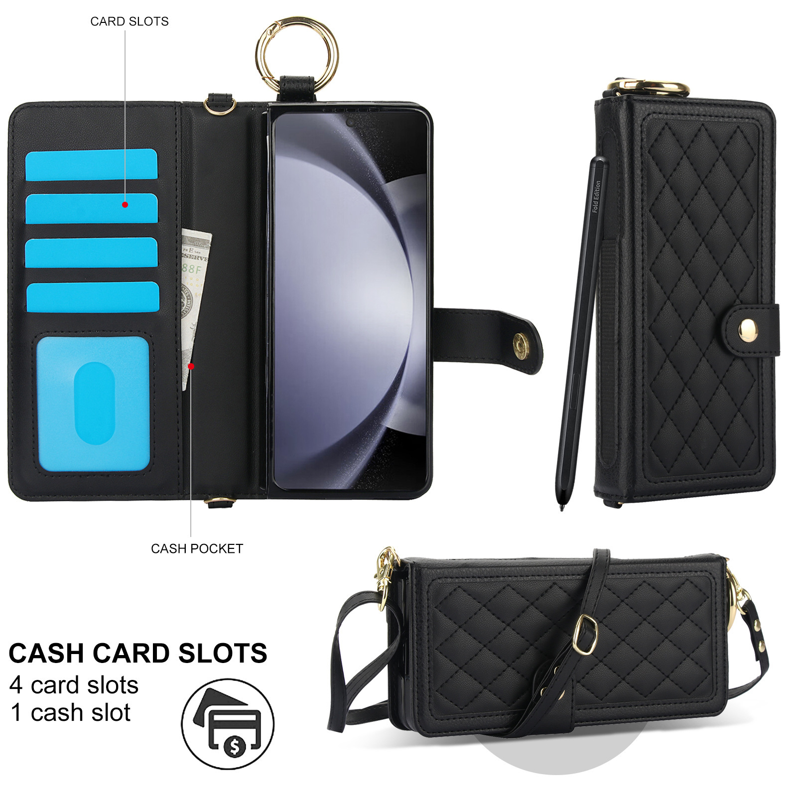 Compatible with Samsung Z Fold7/6/5 phone cases, 4/3 ring pen slots, multi-card slots, crossbody straps, wallet protective cases.