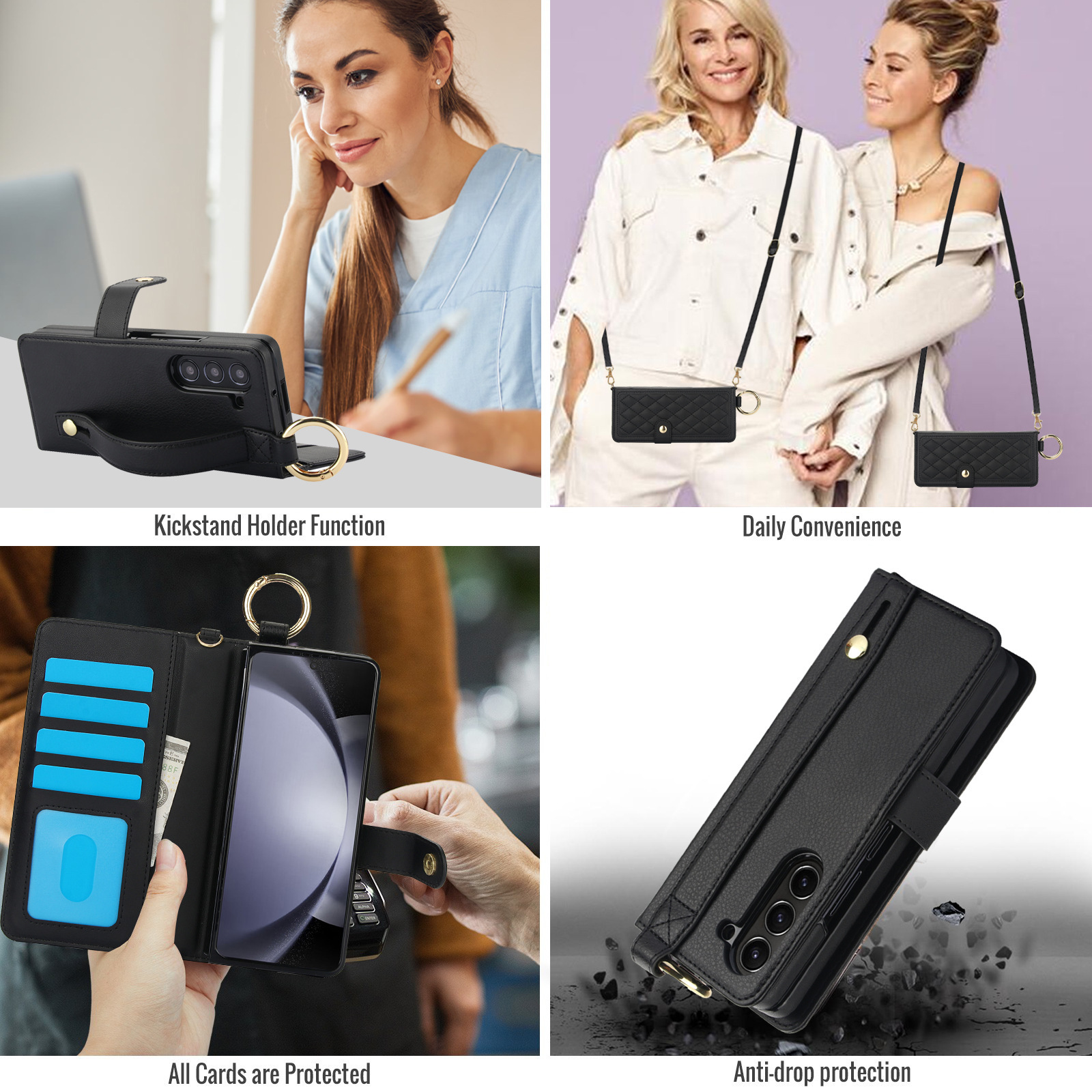 Compatible with Samsung Z Fold7/6/5 phone cases, 4/3 ring pen slots, multi-card slots, crossbody straps, wallet protective cases.