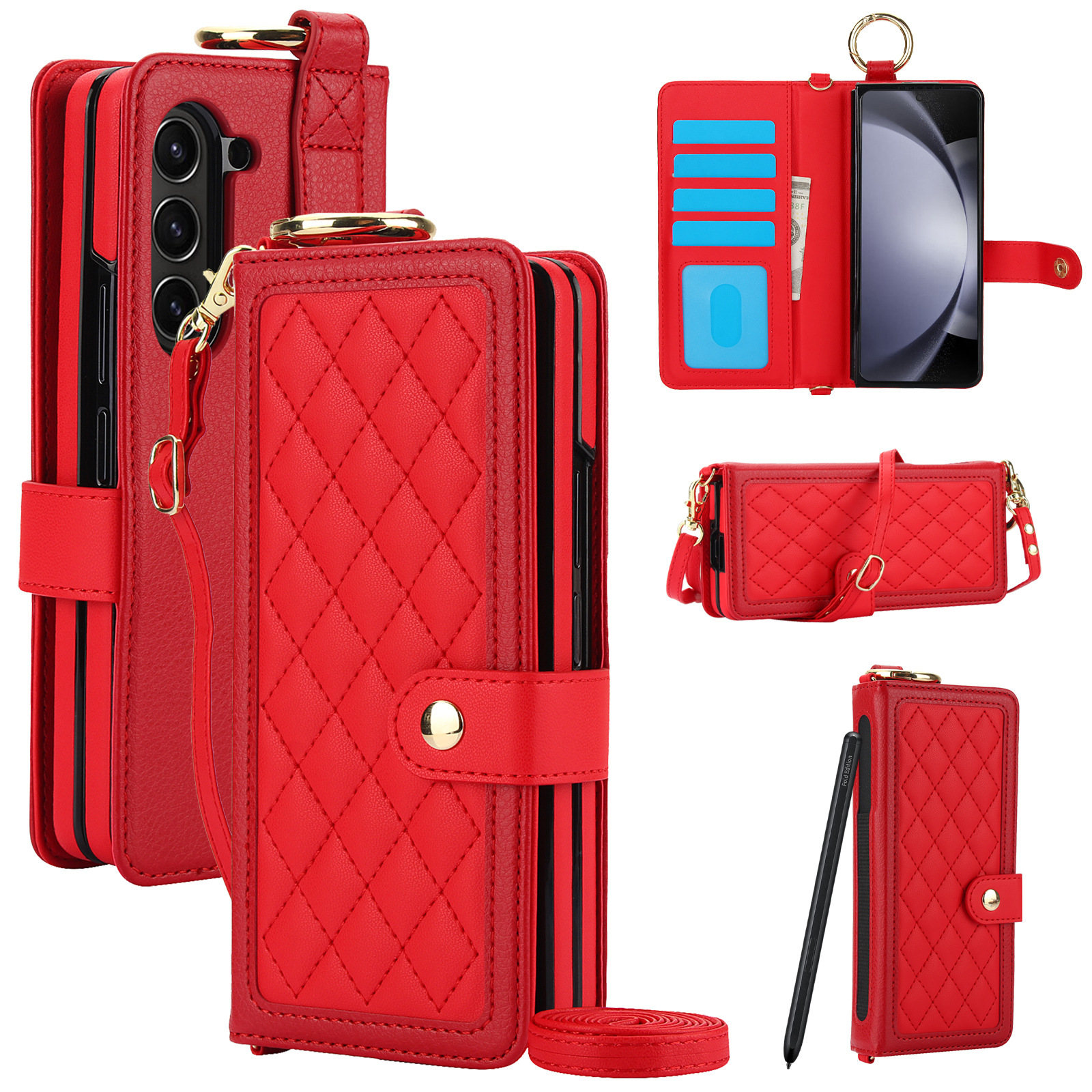 Compatible with Samsung Z Fold7/6/5 phone cases, 4/3 ring pen slots, multi-card slots, crossbody straps, wallet protective cases.
