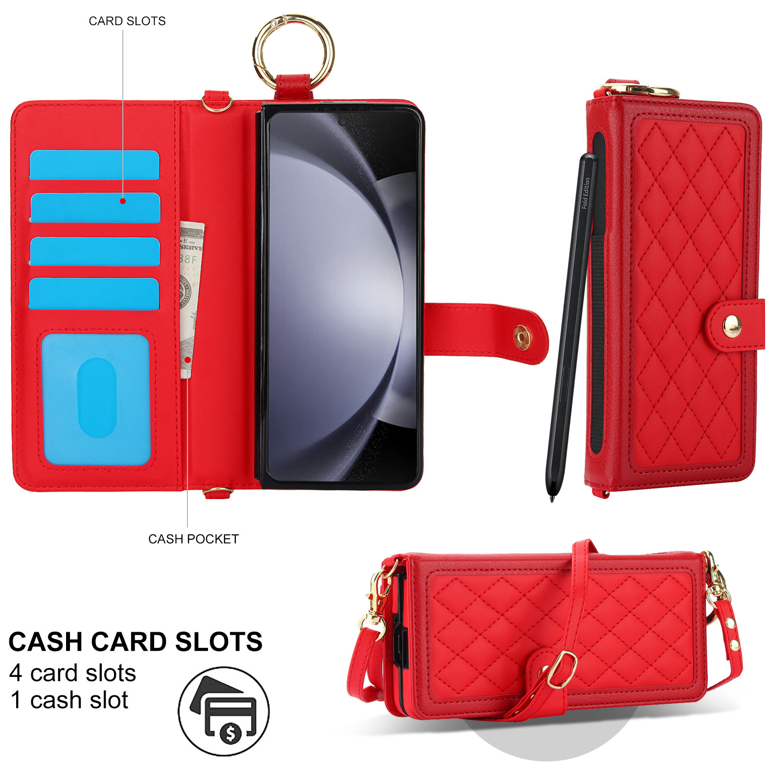 Compatible with Samsung Z Fold7/6/5 phone cases, 4/3 ring pen slots, multi-card slots, crossbody straps, wallet protective cases.