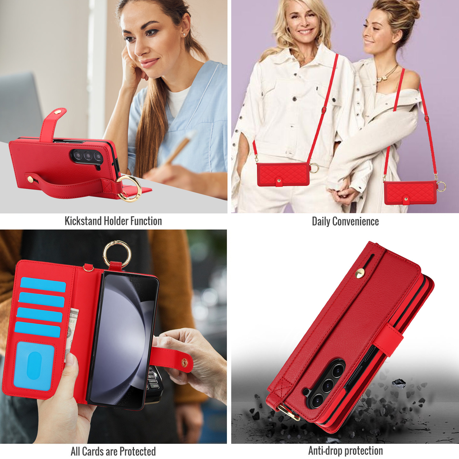 Compatible with Samsung Z Fold7/6/5 phone cases, 4/3 ring pen slots, multi-card slots, crossbody straps, wallet protective cases.
