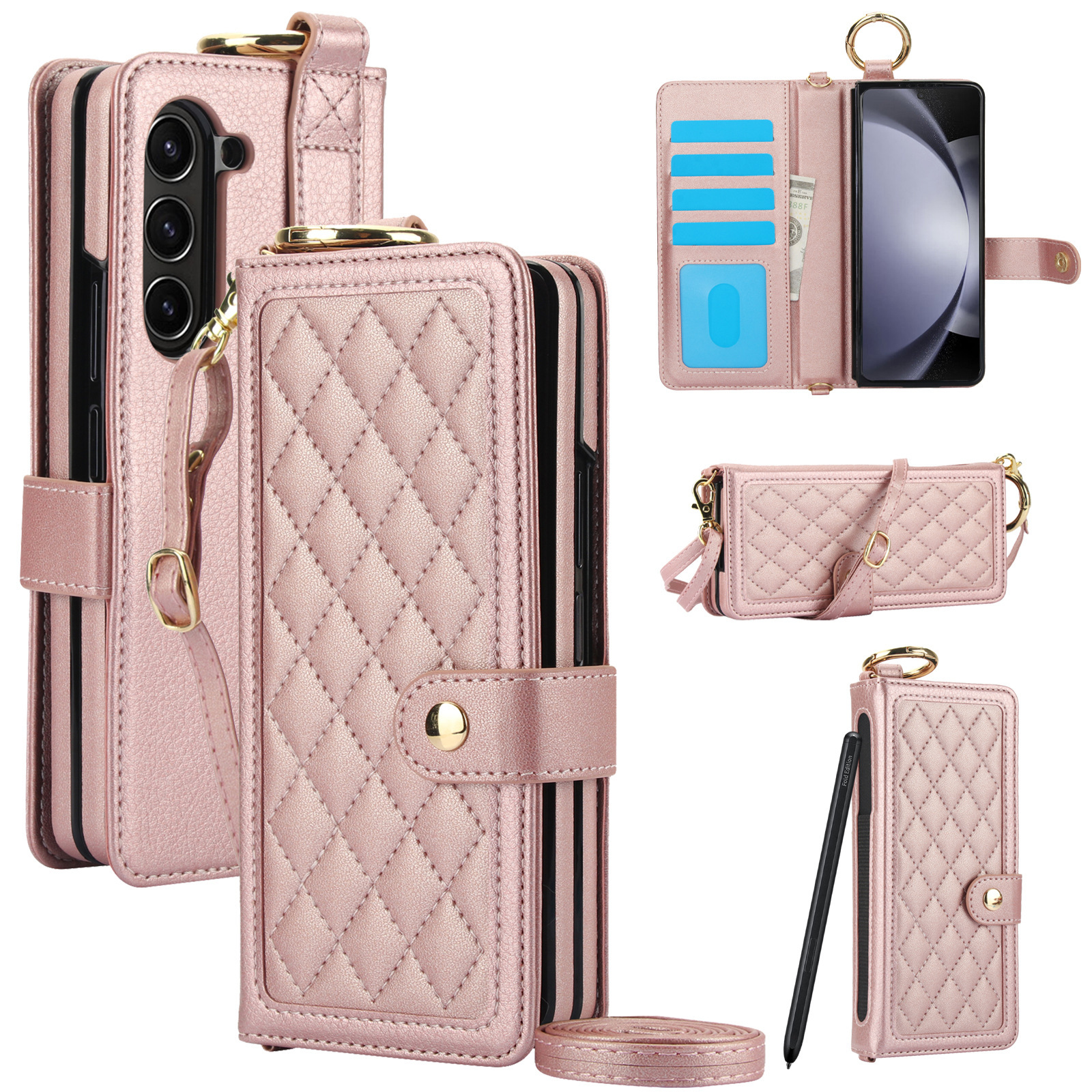 Compatible with Samsung Z Fold7/6/5 phone cases, 4/3 ring pen slots, multi-card slots, crossbody straps, wallet protective cases.