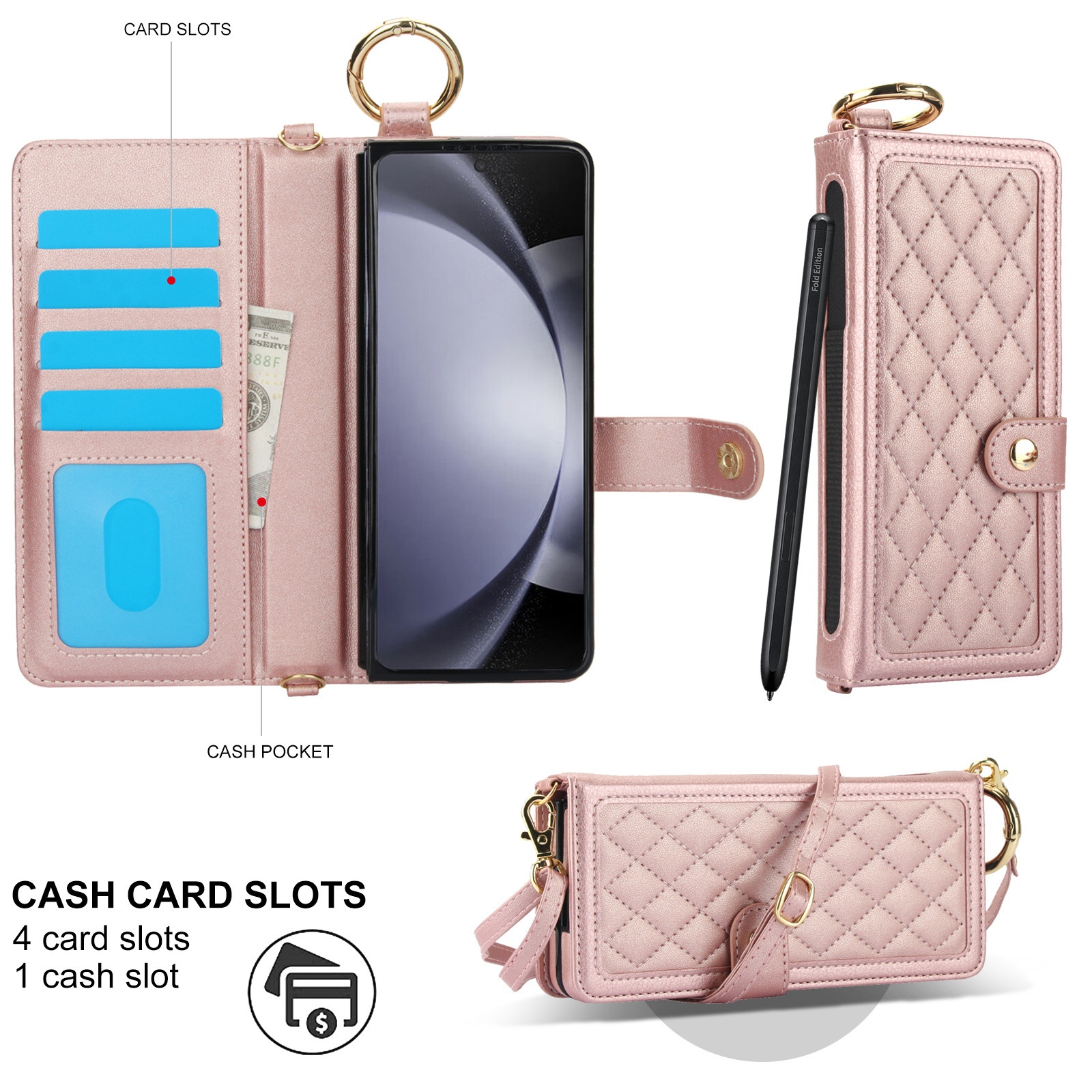 Compatible with Samsung Z Fold7/6/5 phone cases, 4/3 ring pen slots, multi-card slots, crossbody straps, wallet protective cases.