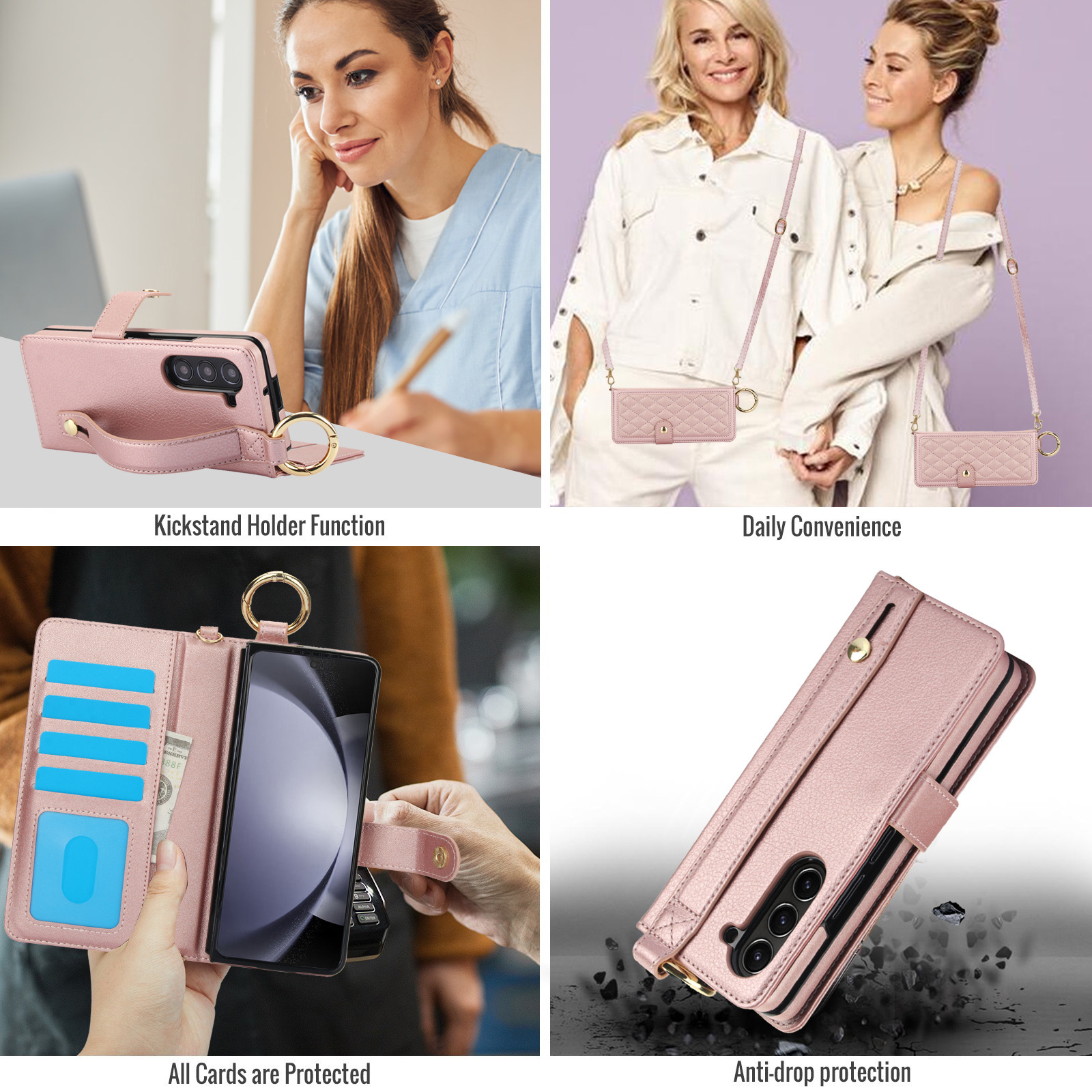 Compatible with Samsung Z Fold7/6/5 phone cases, 4/3 ring pen slots, multi-card slots, crossbody straps, wallet protective cases.
